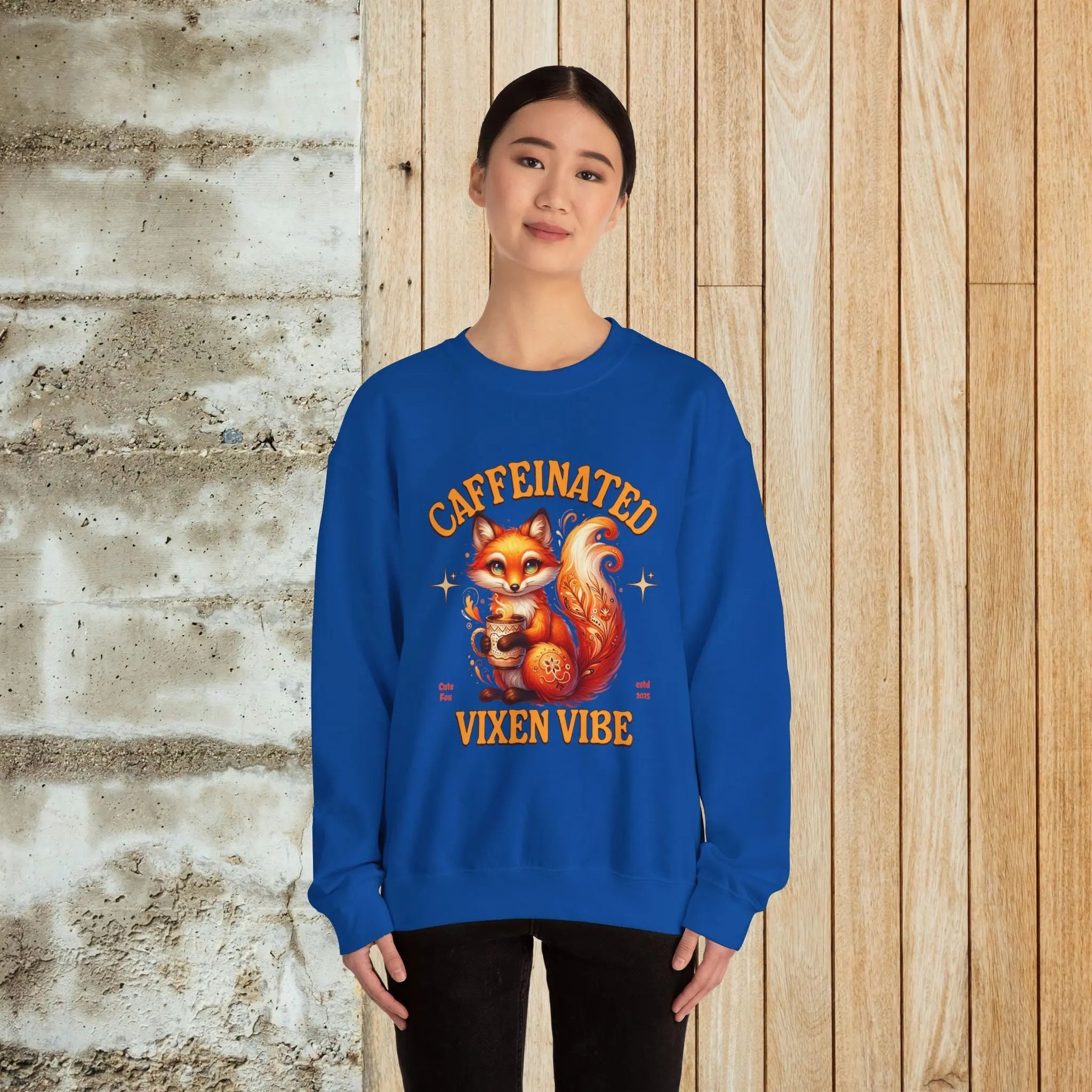 Caffeinated Vixen Vibe Sweatshirt, Cozy Unisex Crewneck for Coffee Lovers, Gift for Birthdays, Fall Fashion, Cute Animal Sweater Printify