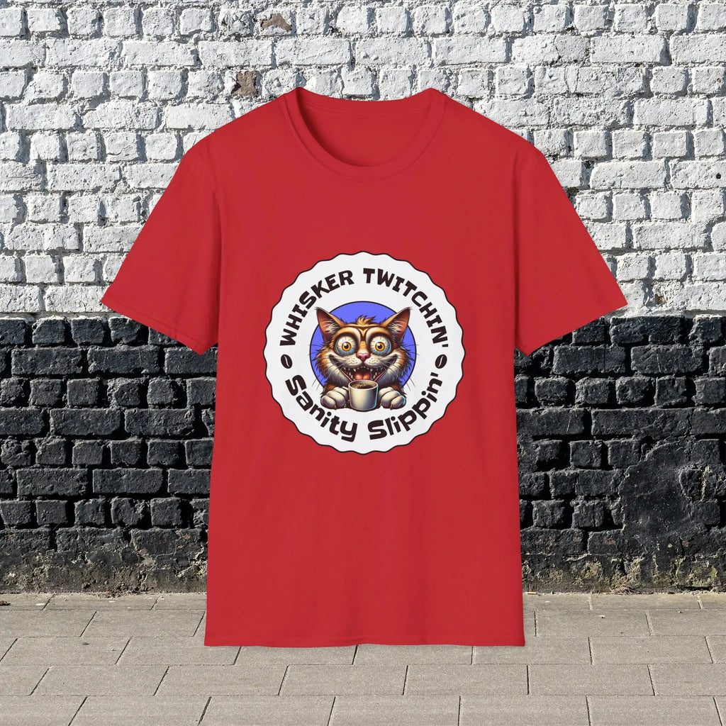 Whisker Twitchin’ Sanity Slippin’ T-Shirt – Funny Crazy Cat Coffee Lover Tee for Men and Women, Caffeine Addict Humor Gift Shirt Printify