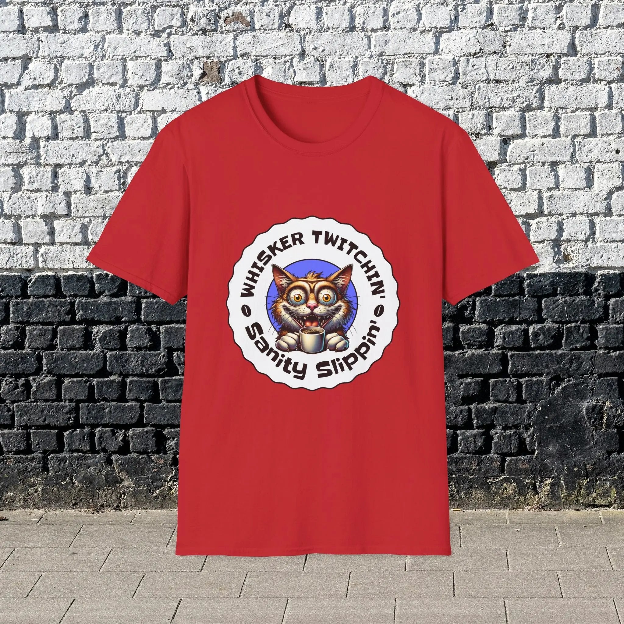 Whisker Twitchin’ Sanity Slippin’ T-Shirt – Funny Crazy Cat Coffee Lover Tee for Men and Women, Caffeine Addict Humor Gift Shirt Printify