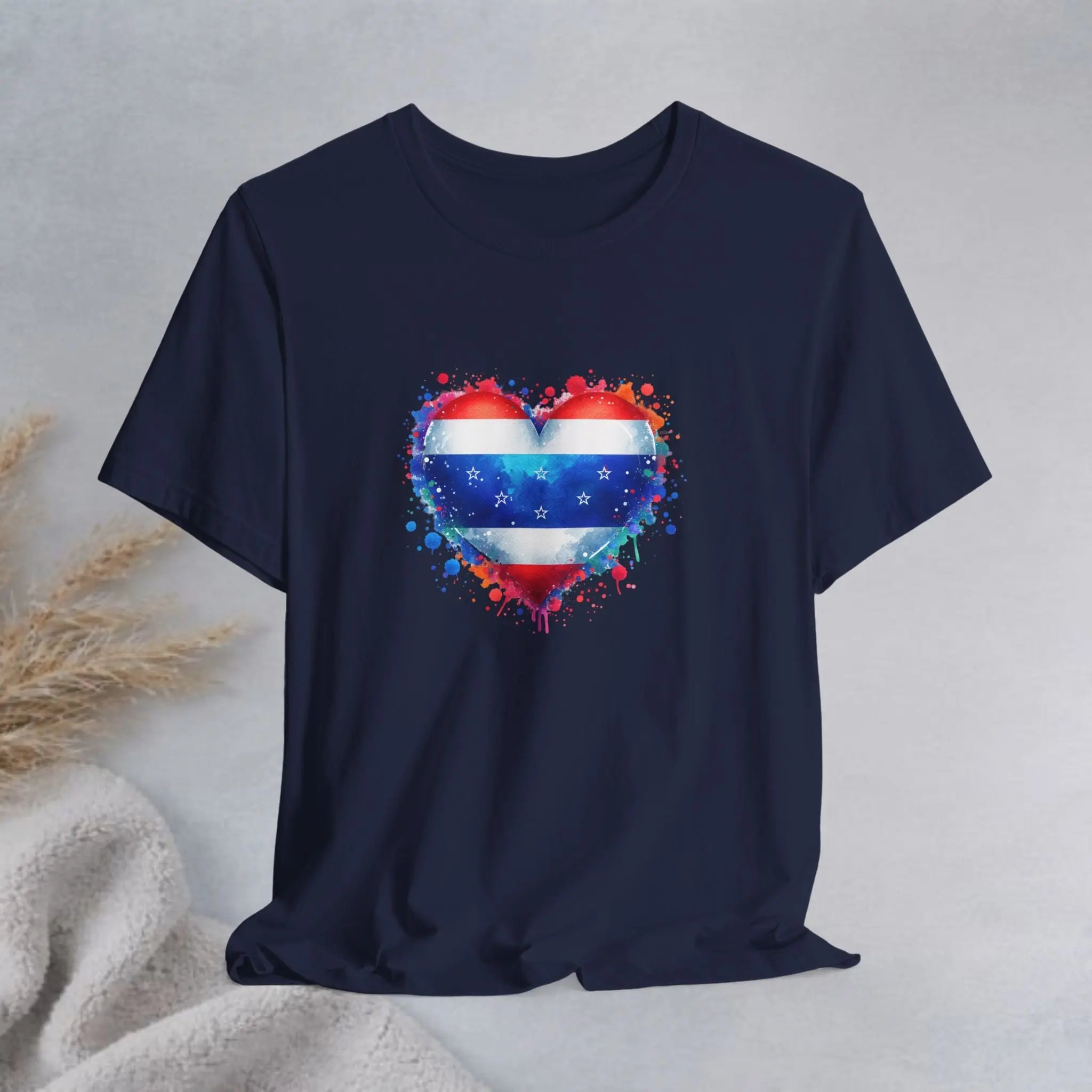 Splatter Heart and Stars T-Shirt – Watercolor Patriot Tee for National Holidays Printify