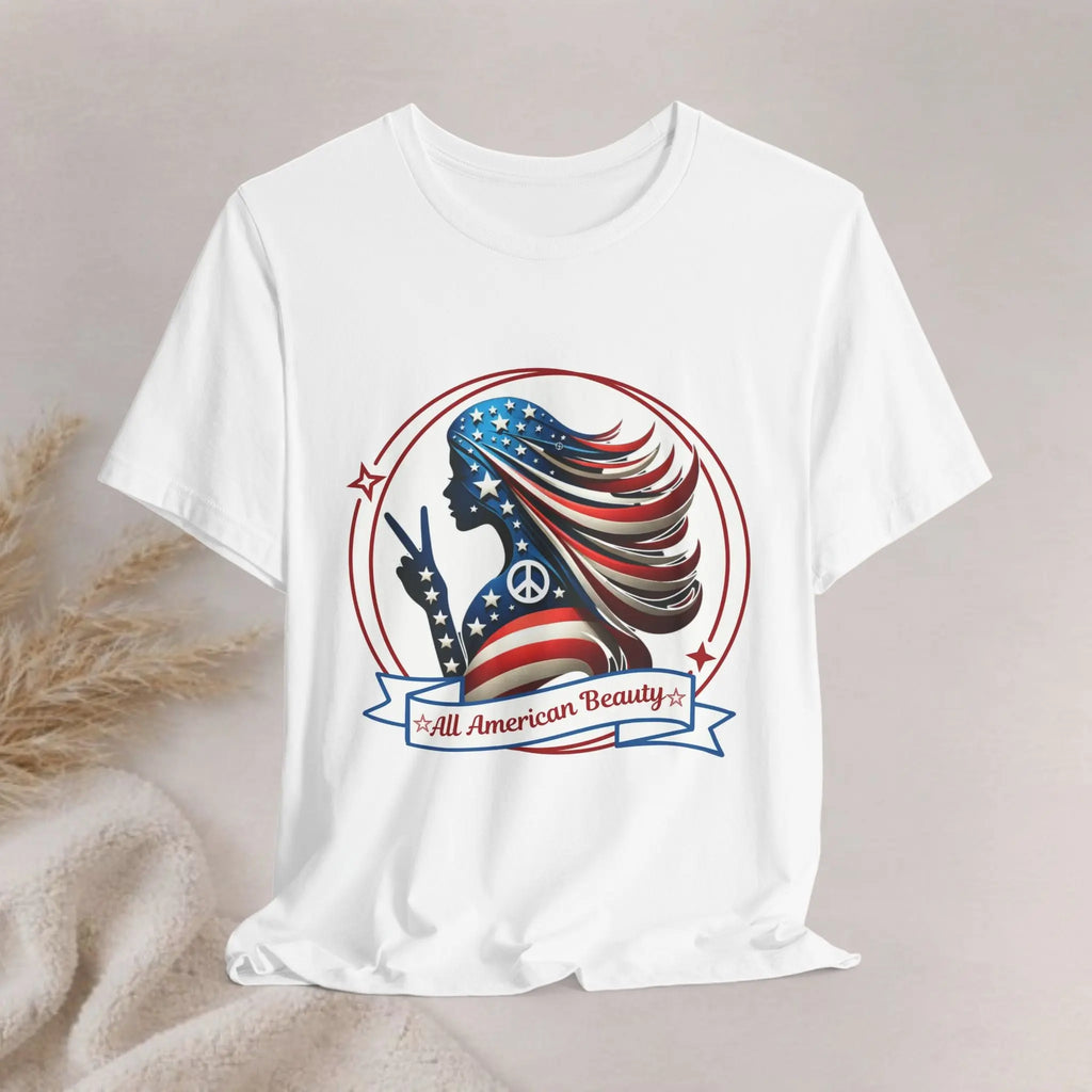 All American Beauty T-Shirt — Red White & Blue Peace Sign Silhouette Printify