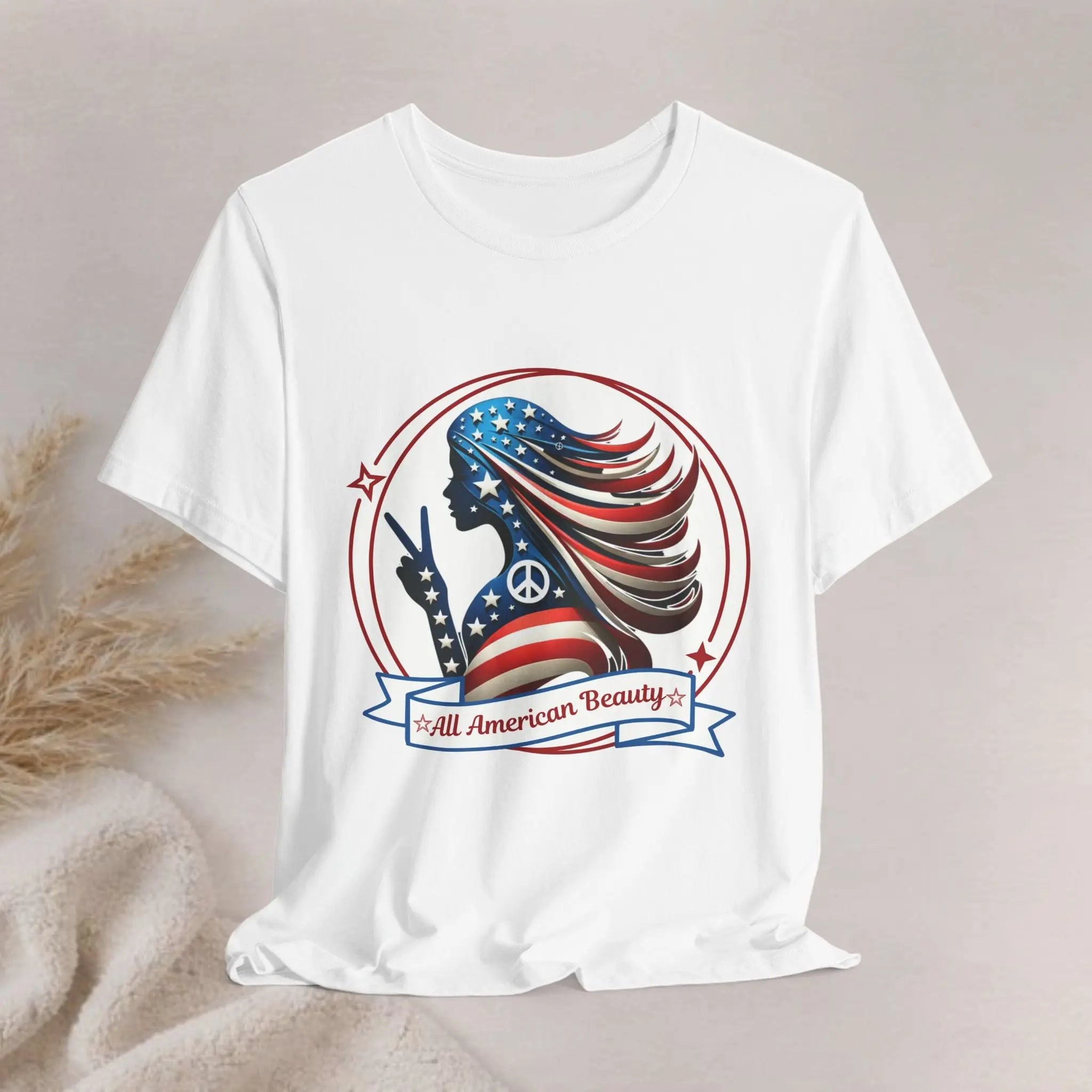All American Beauty T-Shirt — Red White & Blue Peace Sign Silhouette Printify