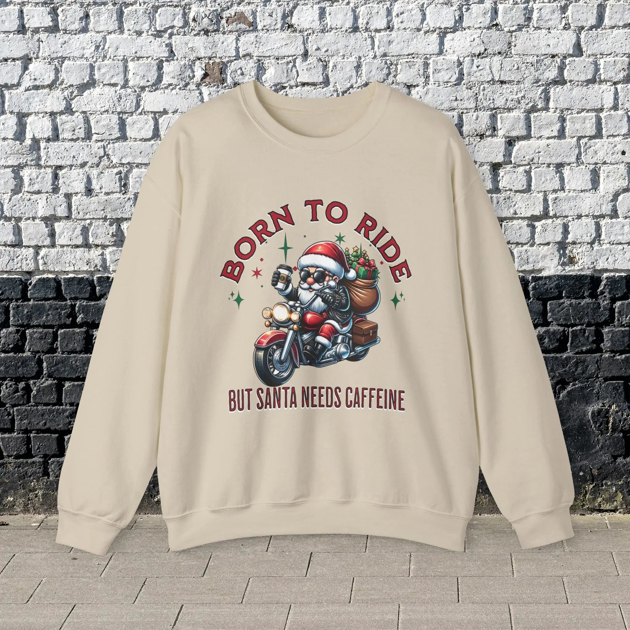 Born to Ride Sweatshirt - Santa on motorcycle holding coffee Christmas Shirt - Boldly Bitter Company