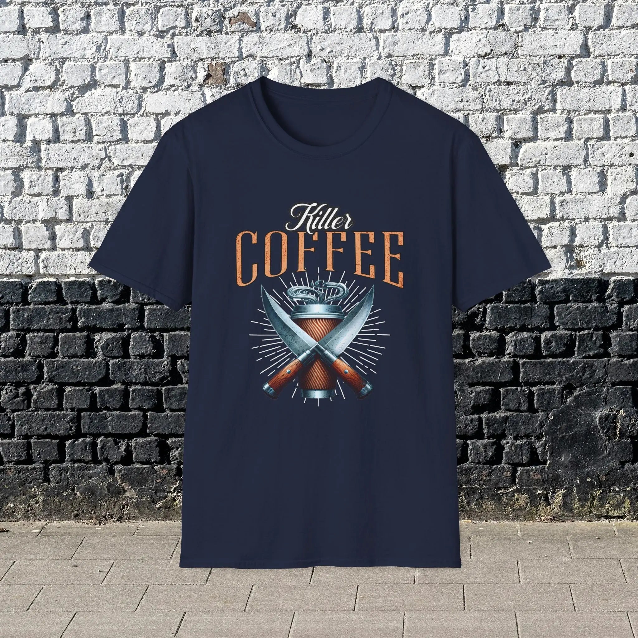 Killer Coffee T-Shirt — Crossed Knives & To-Go Cup Graphic Printify
