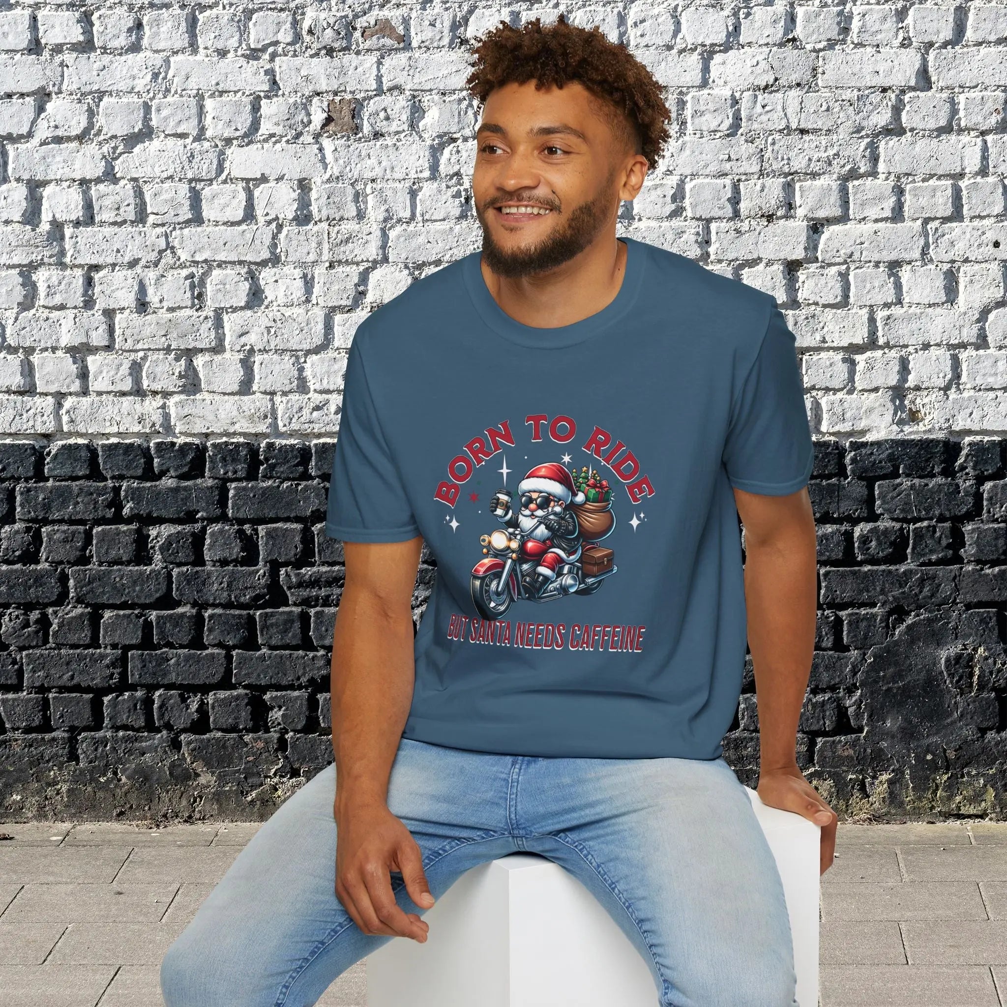 Santa Riding Motorcycle T-Shirt — "Born to Ride but Santa Needs Caffeine" Holiday Tee Printify