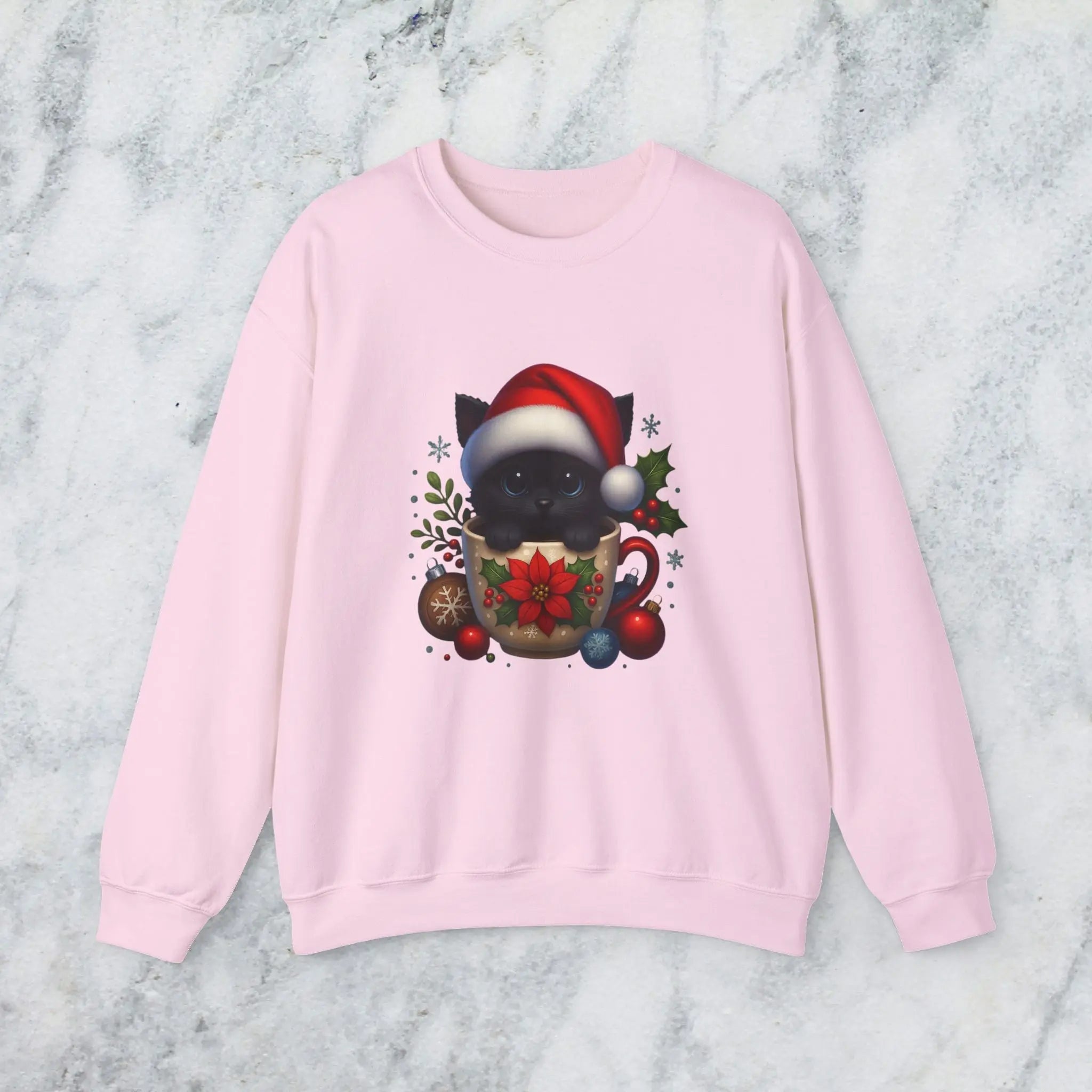 Christmas Kitten Coffee Cup Sweatshirt — Cute Black Cat in Santa Hat Holiday Crewneck Printify