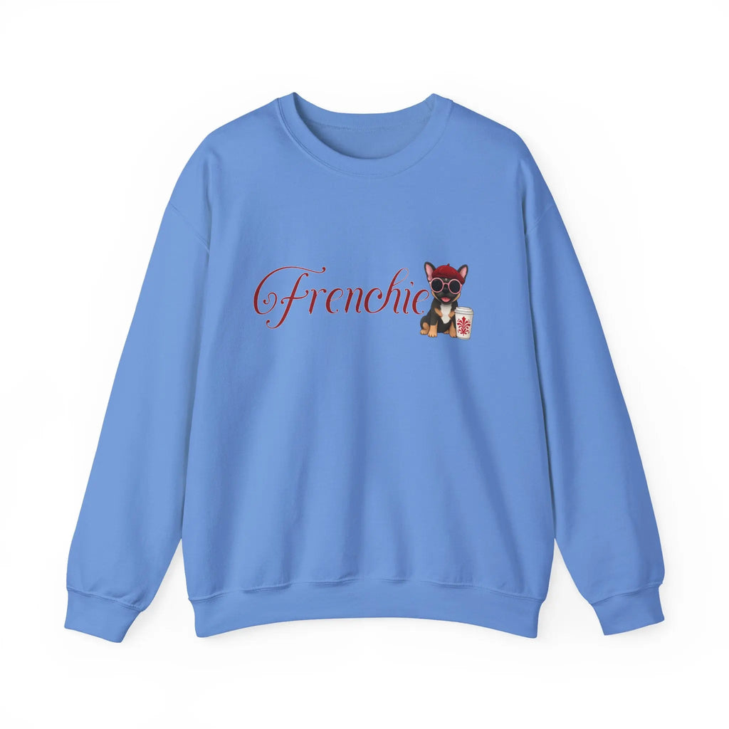 Frenchie Coffee Crewneck — Cute French Bulldog in Beret & Sunglasses Printify