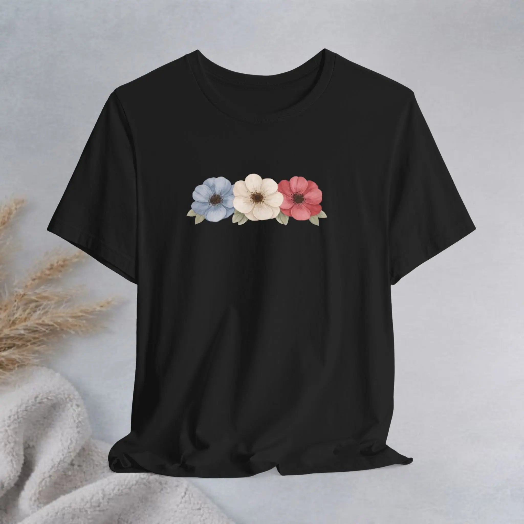 Floral Trio Tee — Vintage Red, Cream & Blue Poppy Graphic T-Shirt Printify