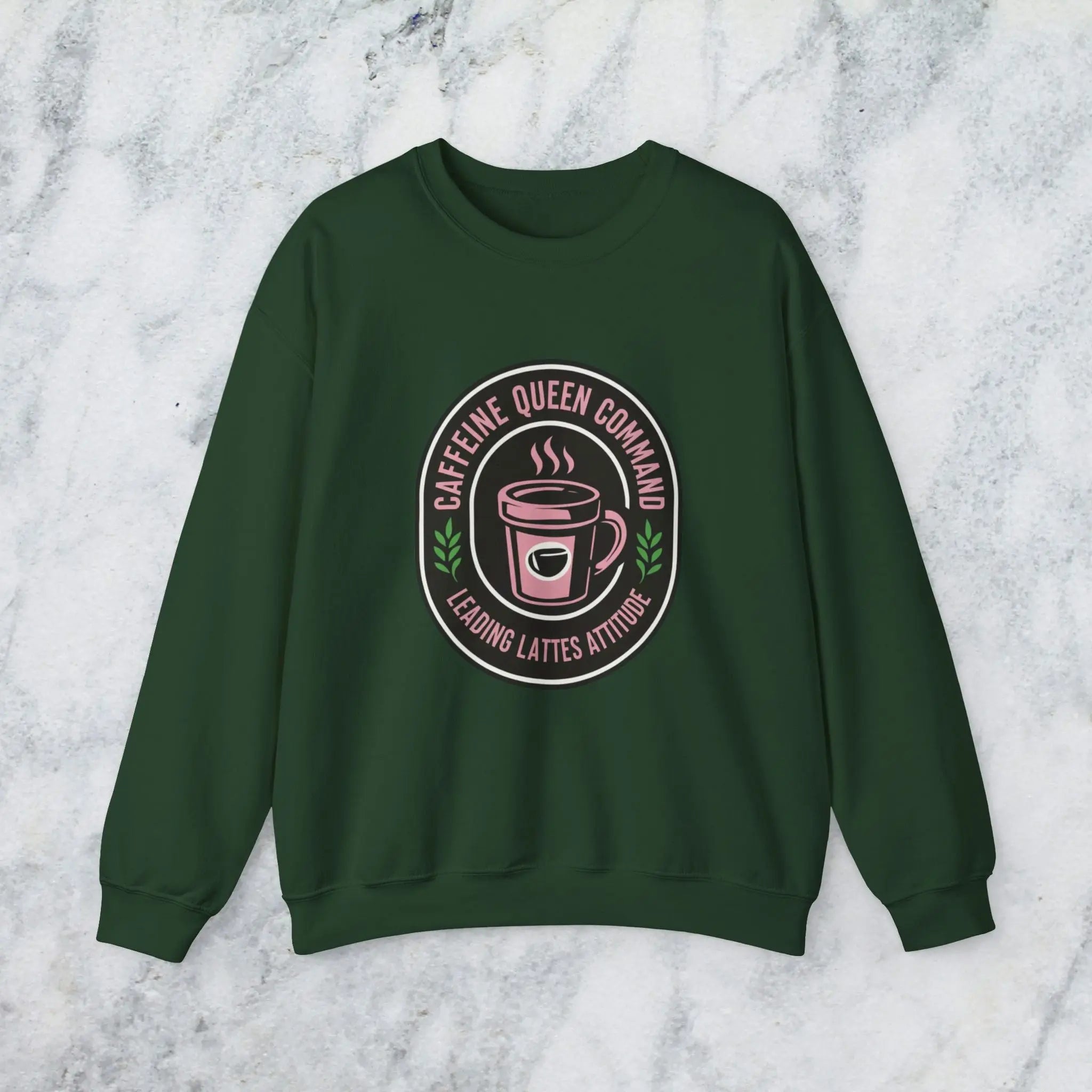 Coffee Crewneck Sweatshirt — "Caffeine Queen Command" Latte Lovers Pullover Printify