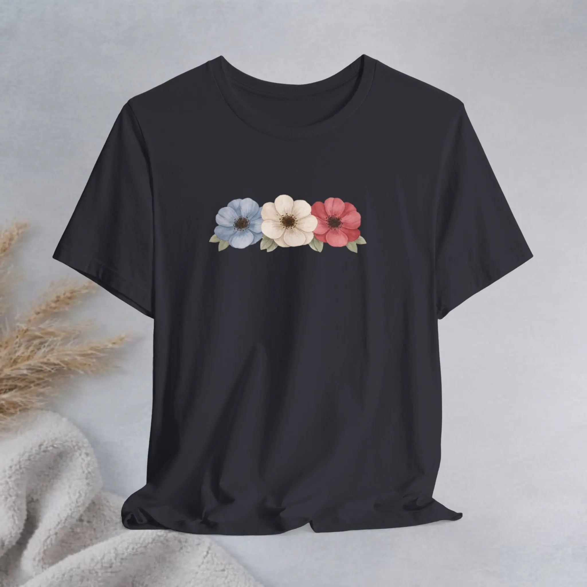 Floral Trio Tee — Vintage Red, Cream & Blue Poppy Graphic T-Shirt Printify