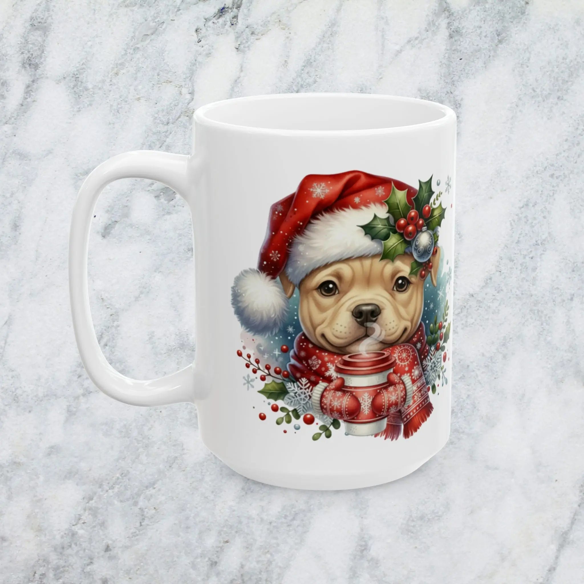 Pitbull Puppy Christmas Mug — Cute Santa Hat Coffee Cup (15oz) Printify