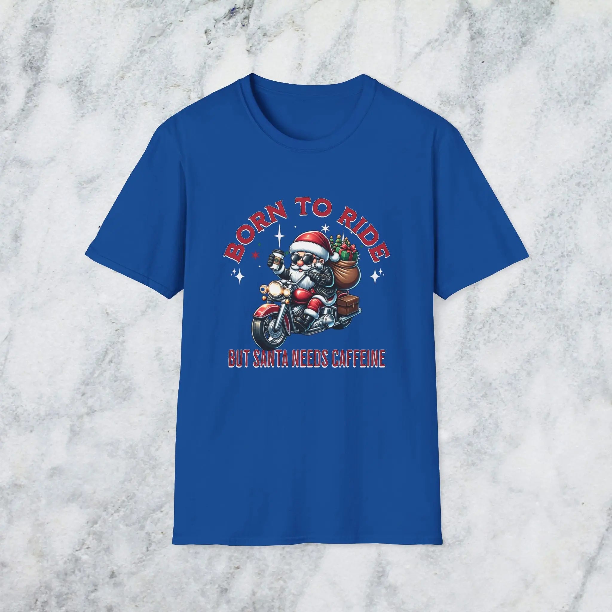 Santa Riding Motorcycle T-Shirt — "Born to Ride but Santa Needs Caffeine" Holiday Tee Printify
