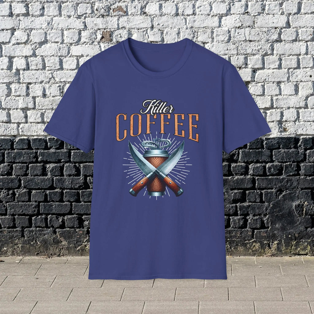 Killer Coffee T-Shirt — Crossed Knives & To-Go Cup Graphic Printify