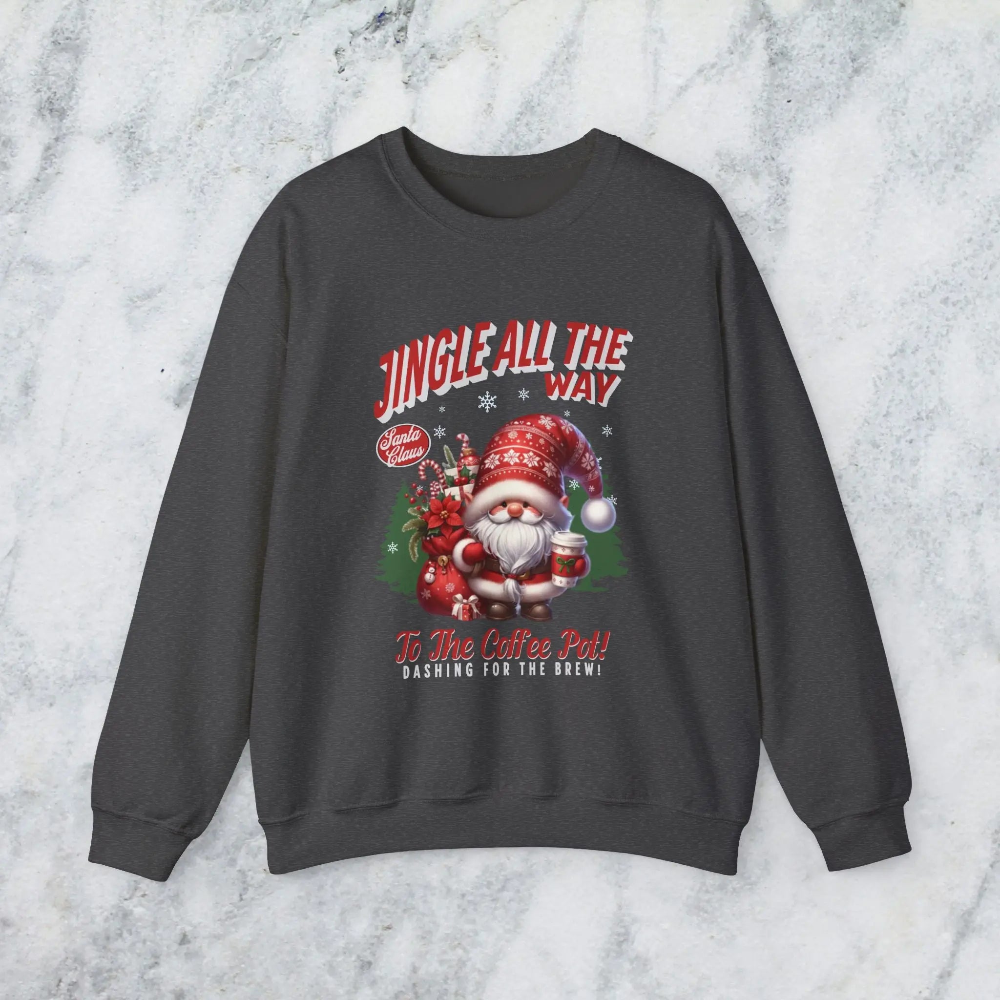 Jingle All the Way Sweatshirt - Cute Santa Holding Coffee and Toys Printify
