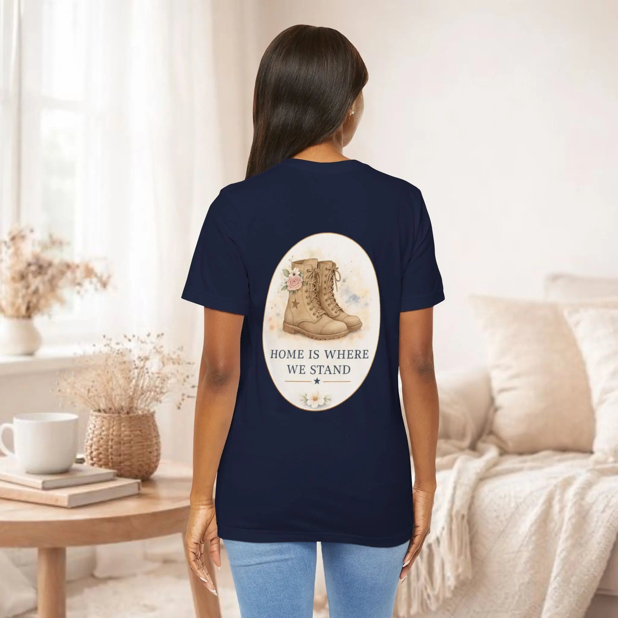 Home Is Where We Stand Tee — Hiking Boots Floral Graphic Shirt Printify