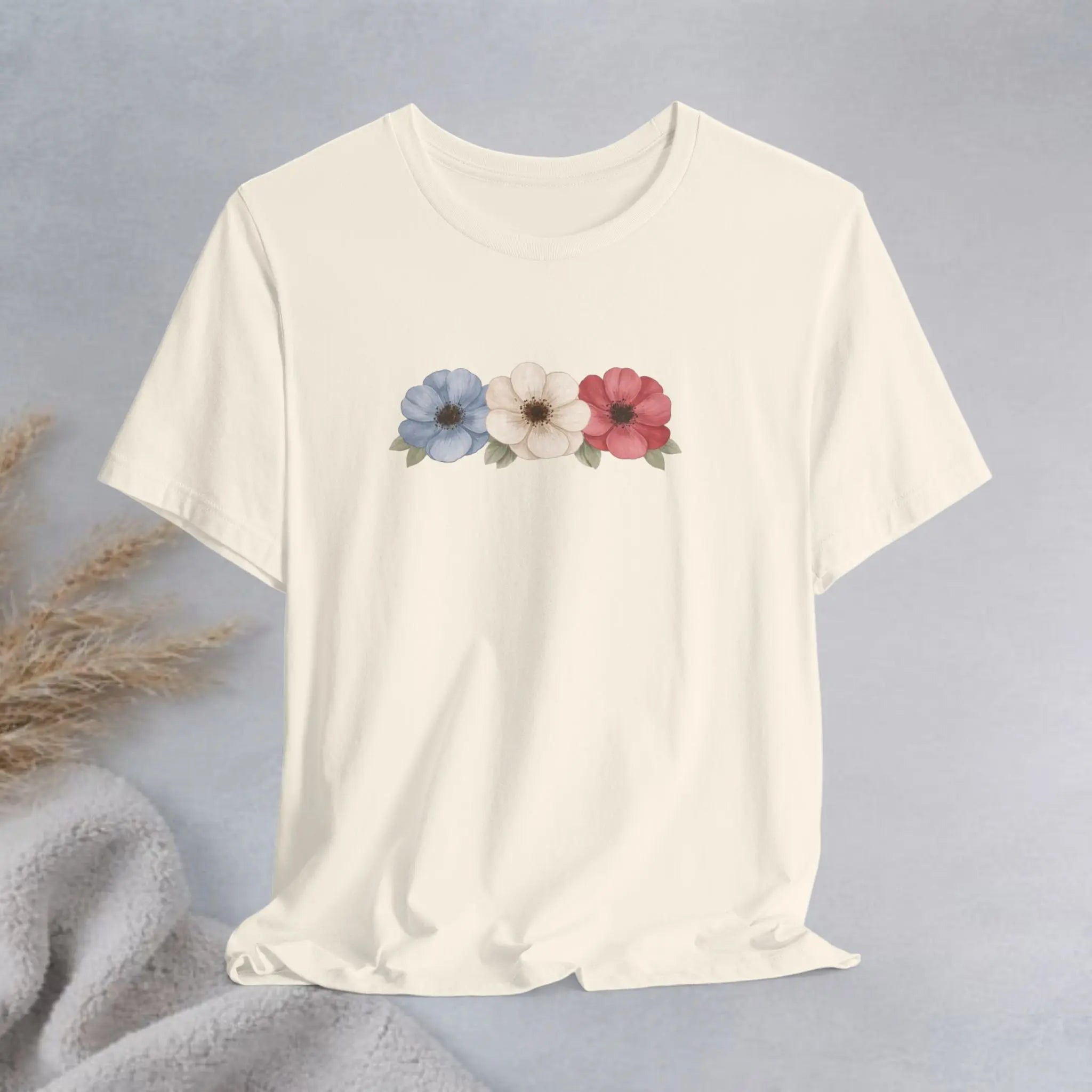 Floral Trio Tee — Vintage Red, Cream & Blue Poppy Graphic T-Shirt Printify