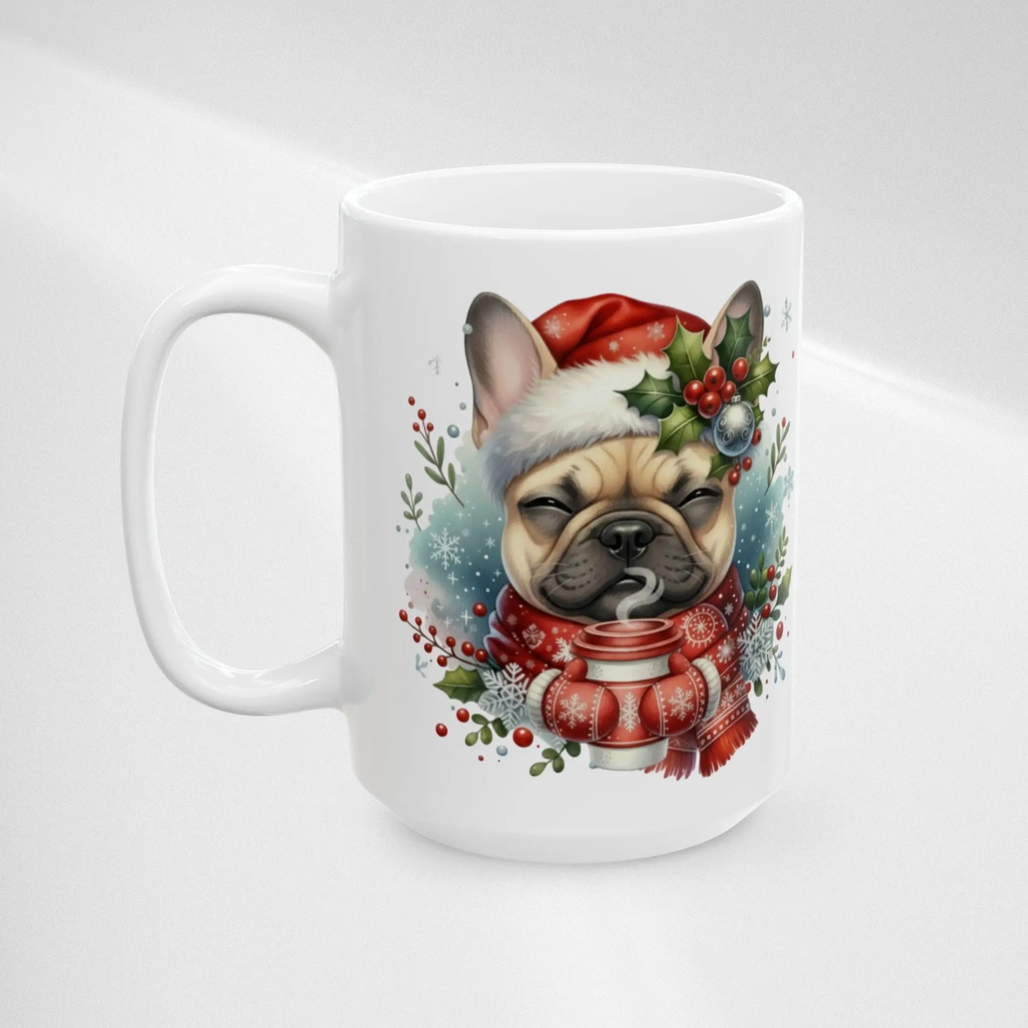 Christmas French Bulldog Coffee Mug — Frenchie in Santa Hat (15oz) Printify