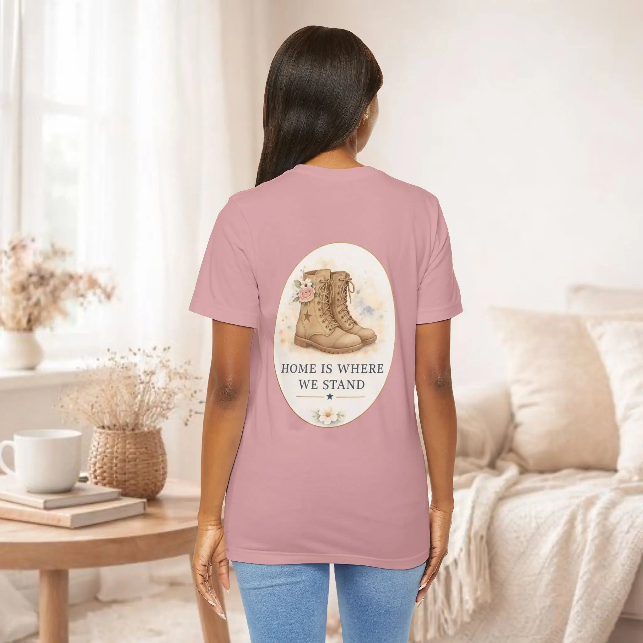 Home Is Where We Stand Tee — Hiking Boots Floral Graphic Shirt Printify
