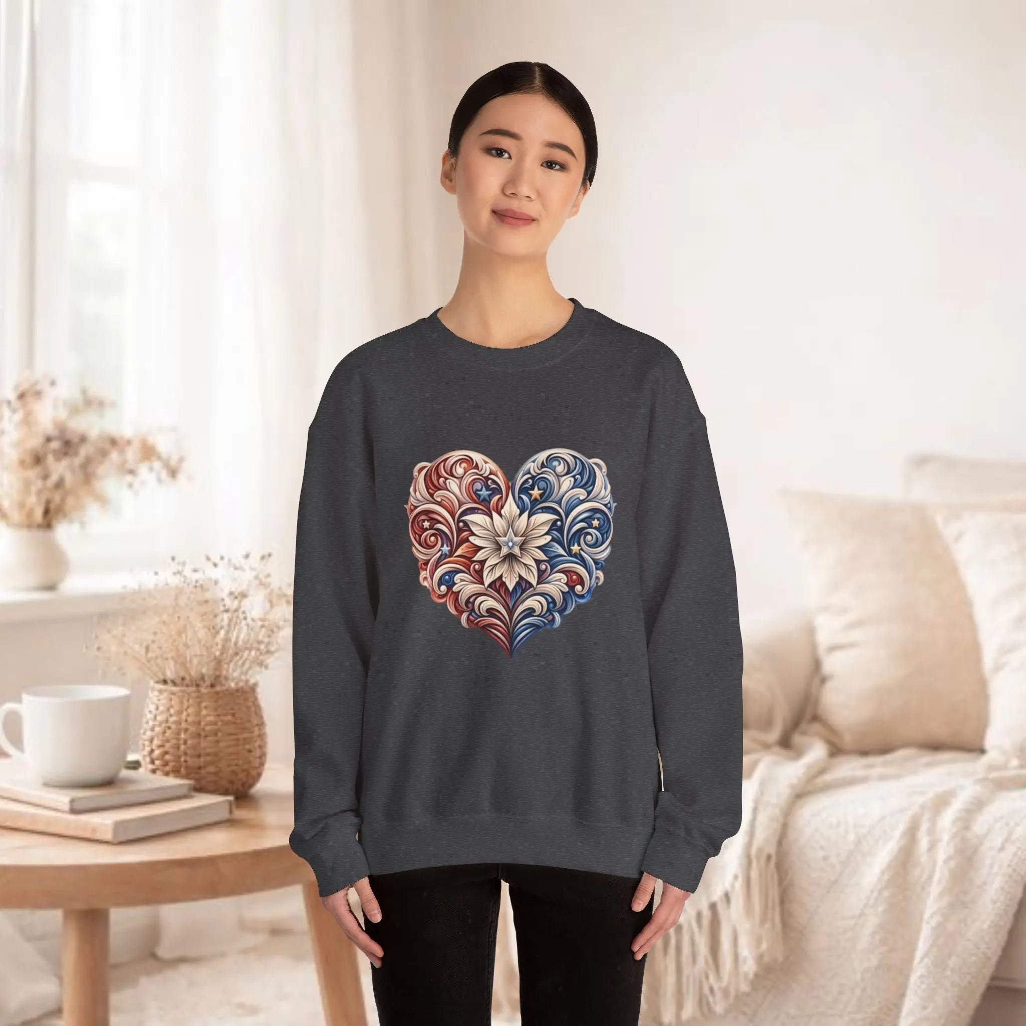 Floral Filigree Heart Sweatshirt — Red & Blue Ornate Heart Design Printify