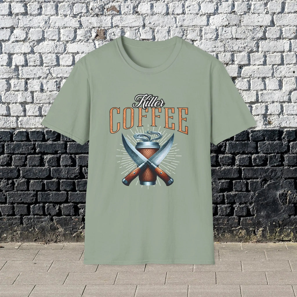 Killer Coffee T-Shirt — Crossed Knives & To-Go Cup Graphic Printify