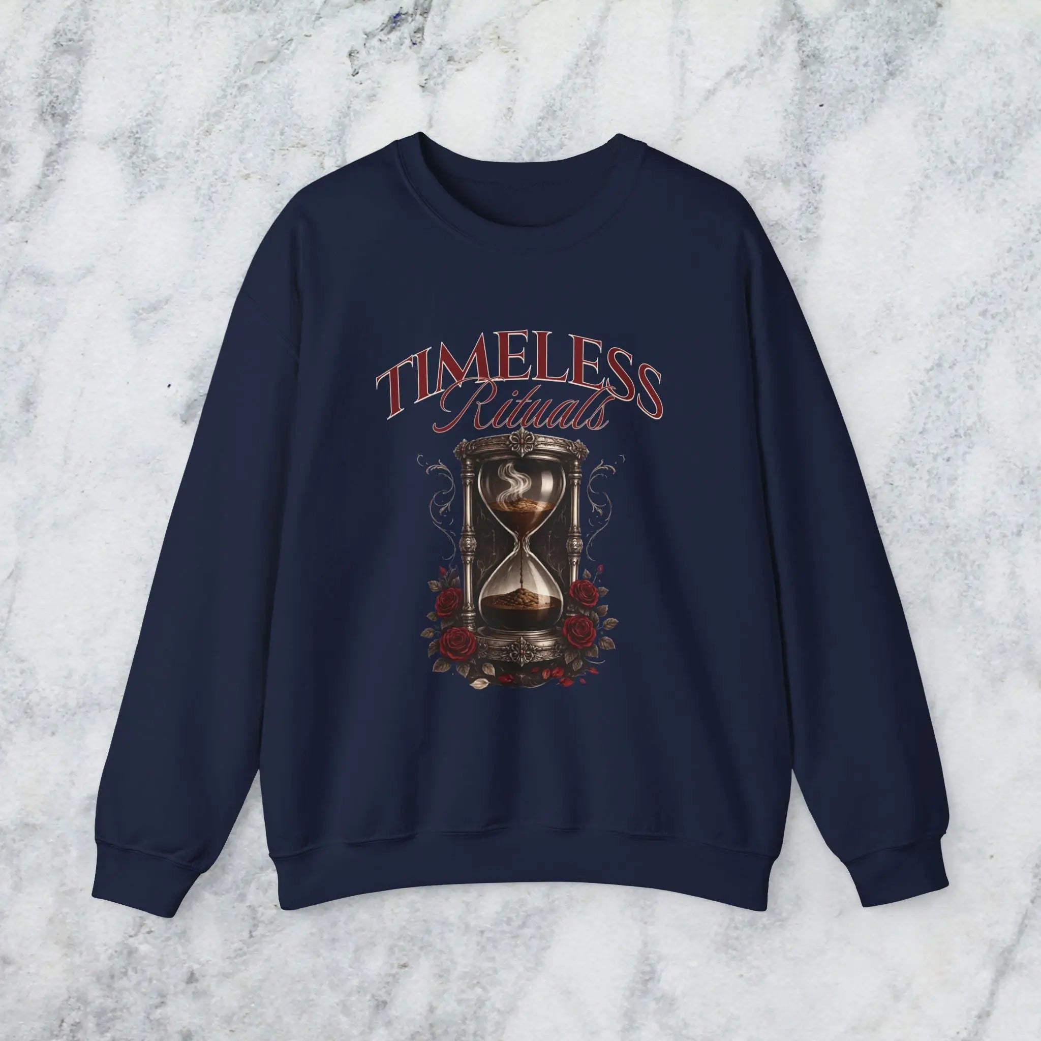 Timeless Rituals Hourglass Crewneck Sweatshirt — Gothic Vintage Rose Graphic Printify