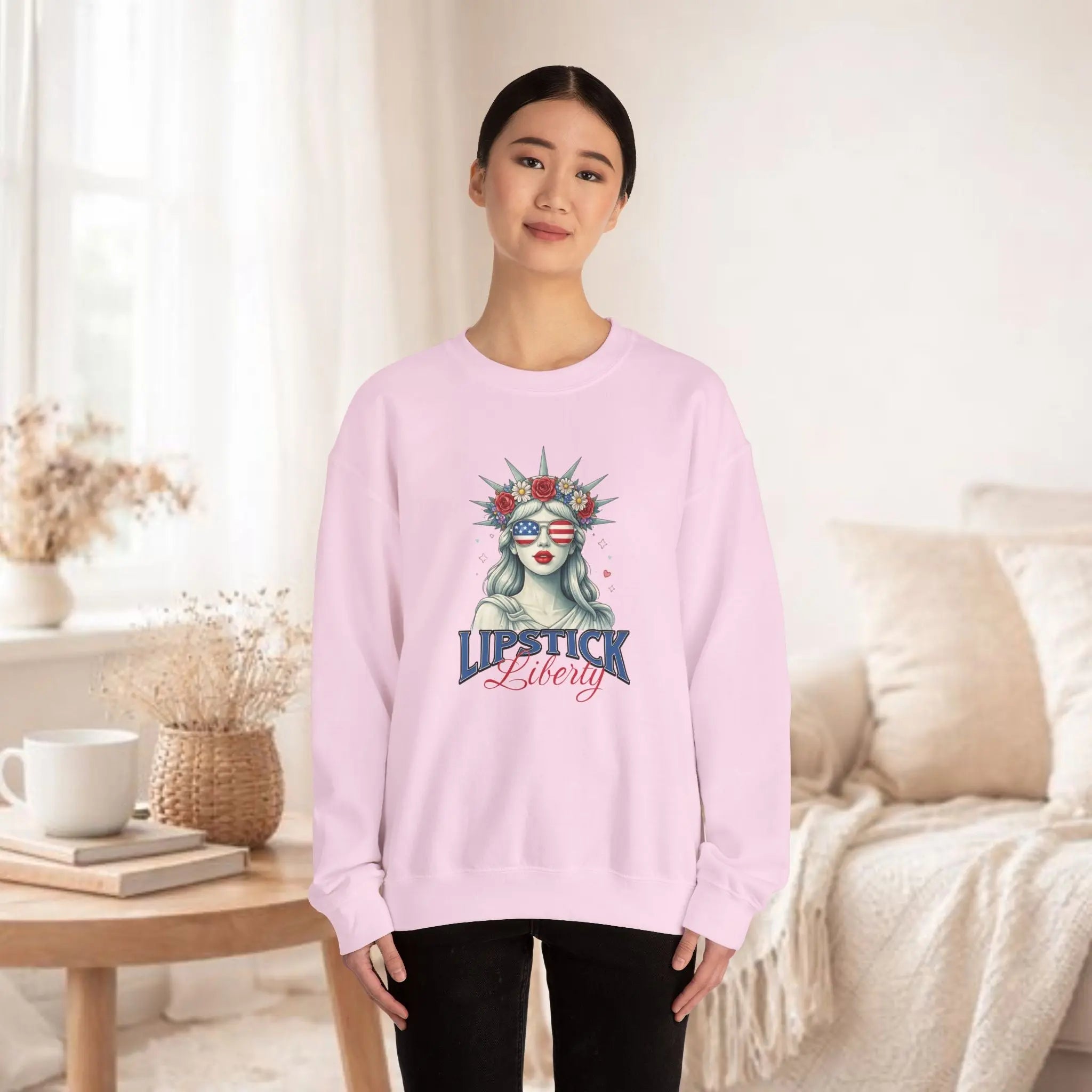 Liberty Lipstick Sweatshirt — Patriotic Statue of Liberty Graphic Crewneck Printify