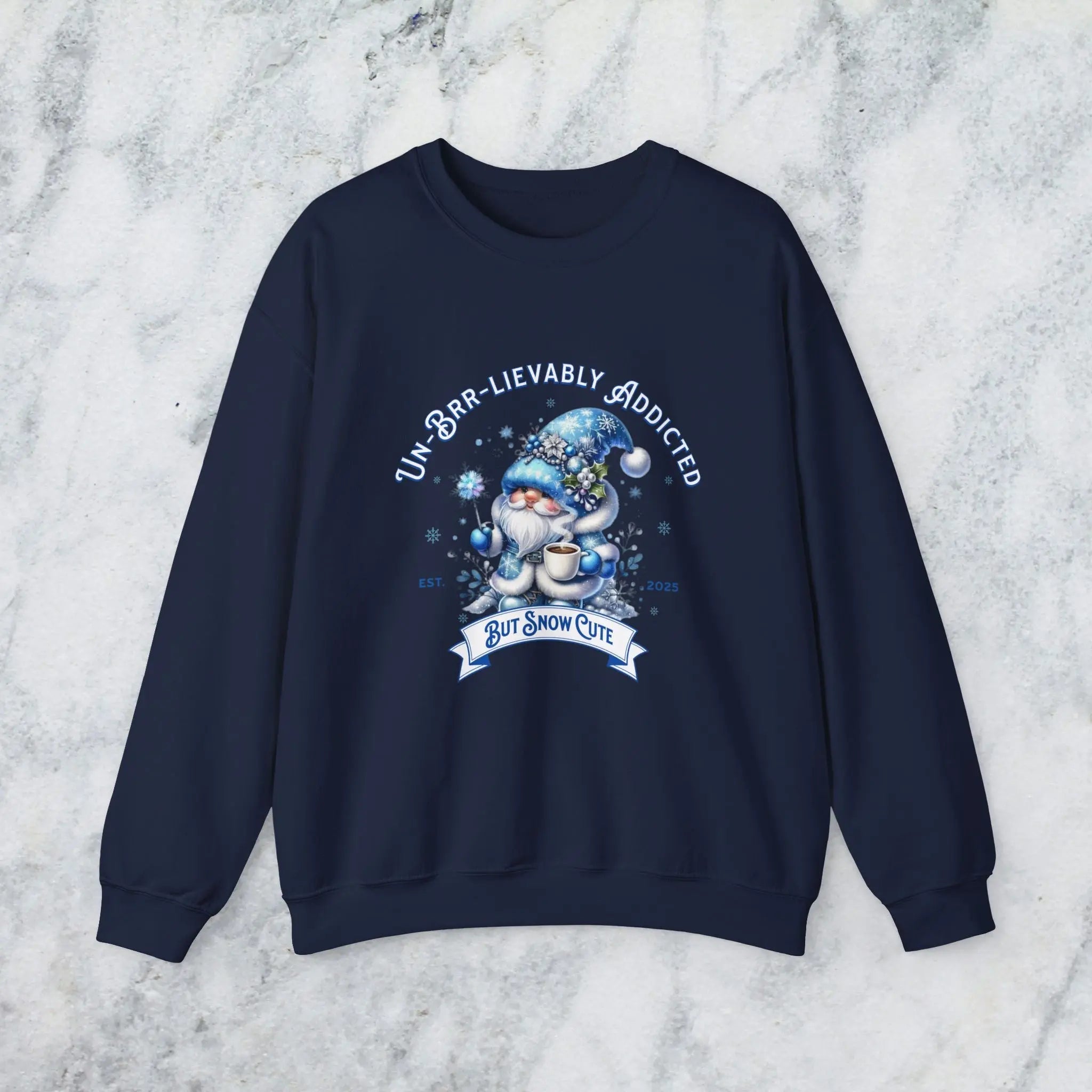 Unbrr-lievalby Addicted Sweatshirt - cute gnome with magic wand holding coffee winter shirt Printify