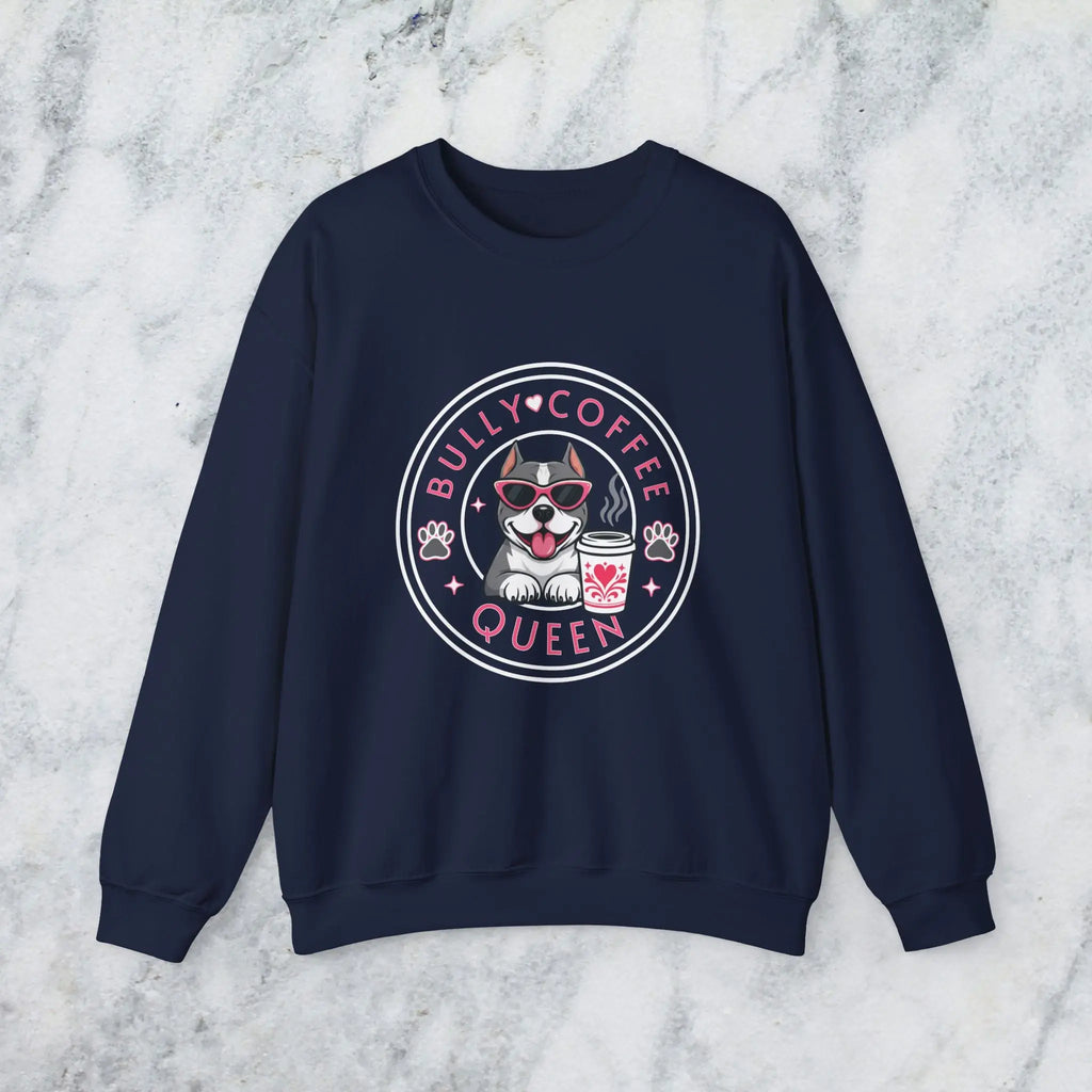 Bully Coffee Queen Sweatshirt — Pitbull with Pink Sunglasses & Coffee Graphic Printify