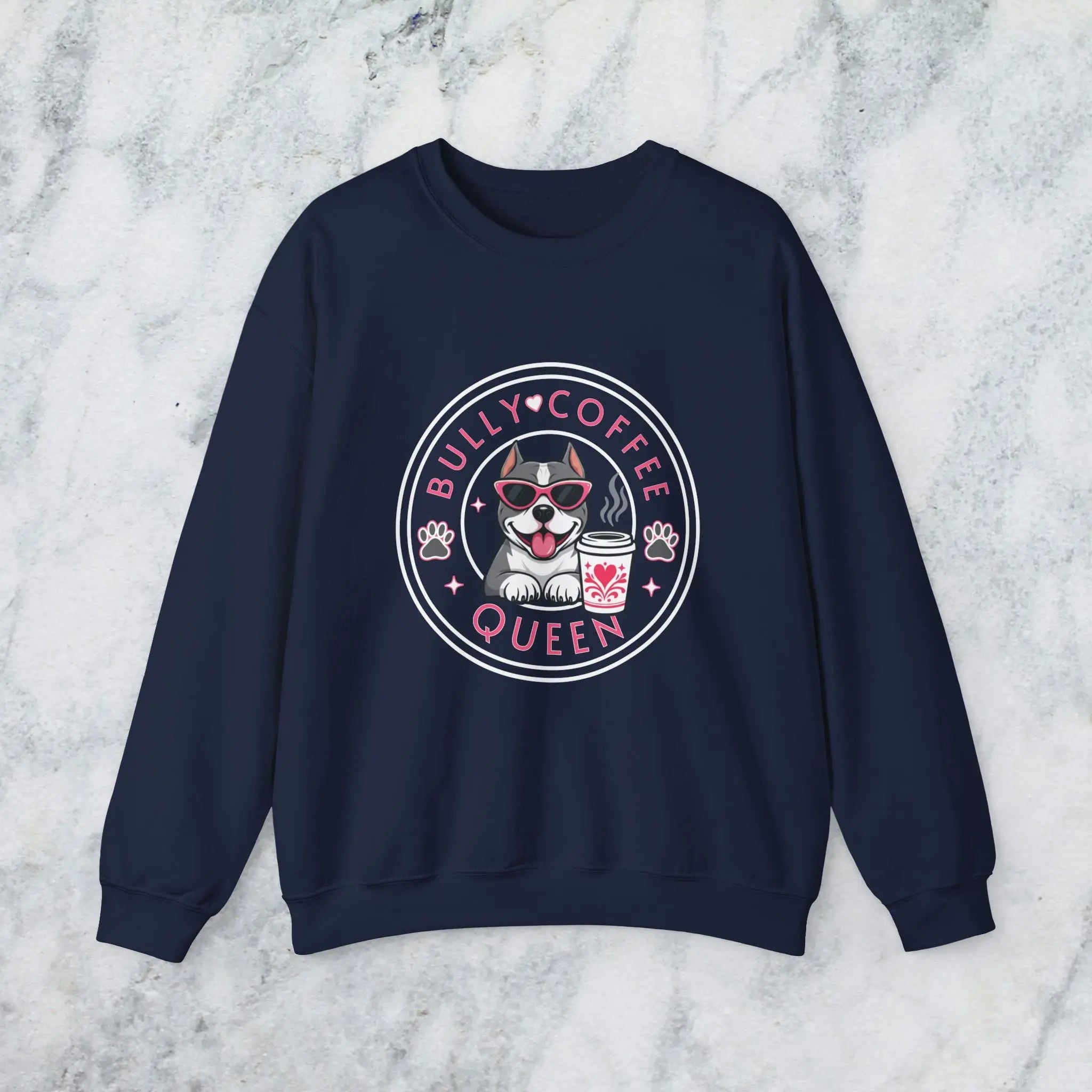Bully Coffee Queen Sweatshirt — Pitbull with Pink Sunglasses & Coffee Graphic Printify