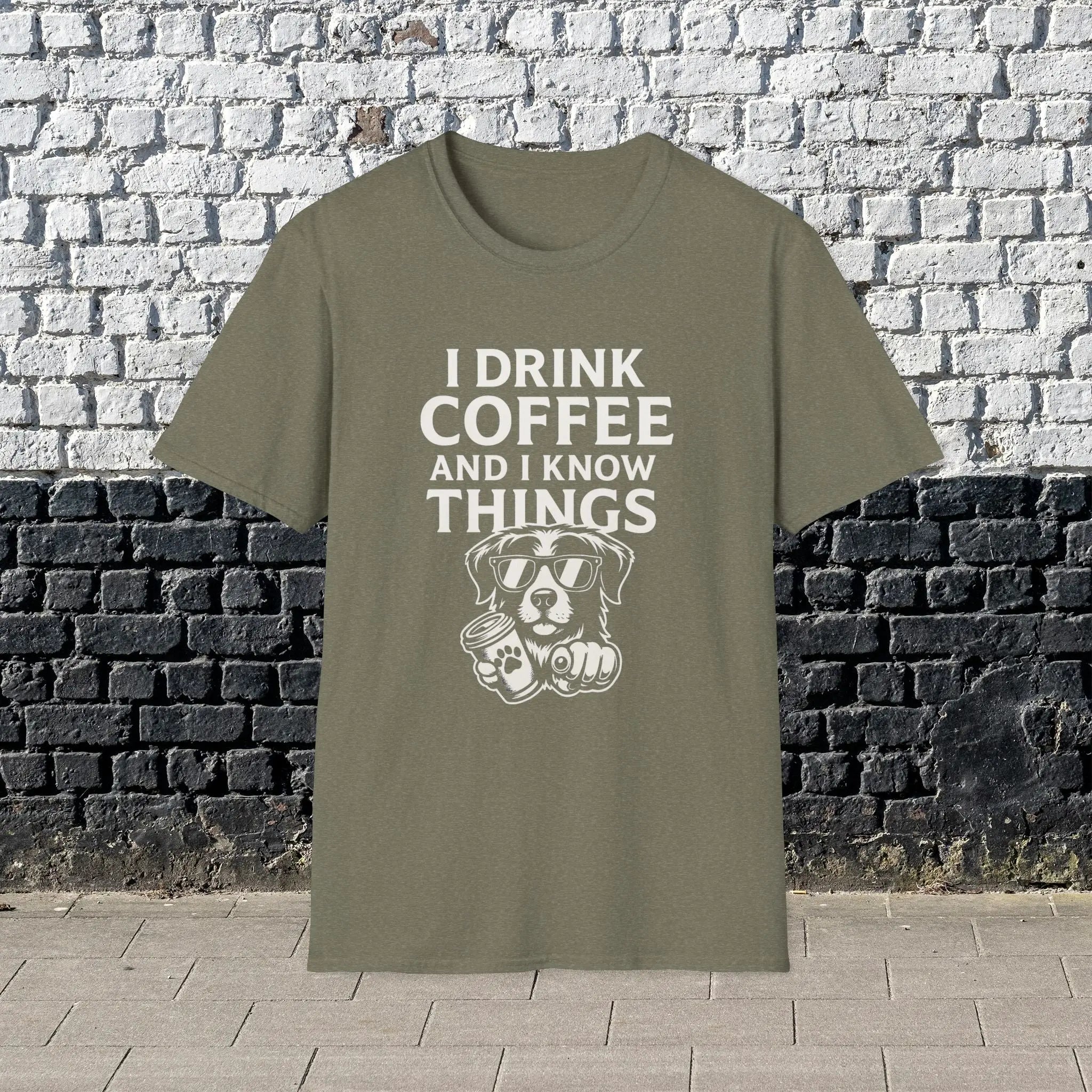 Coffee-Loving Dog T-Shirt — "I Drink Coffee and I Know Things" Printify