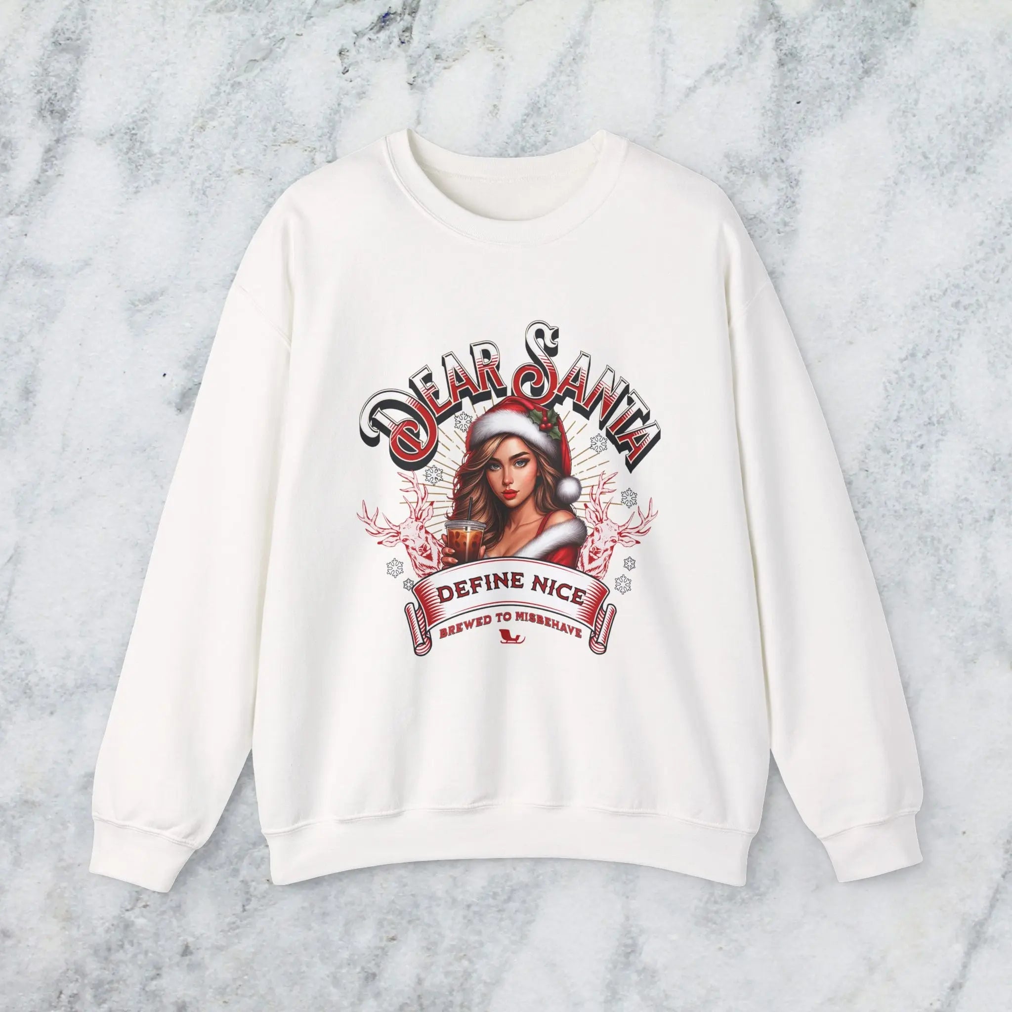 Holiday Sweatshirt — “Dear Santa, Define Nice” Iced Coffee Funny Christmas Crewneck Printify