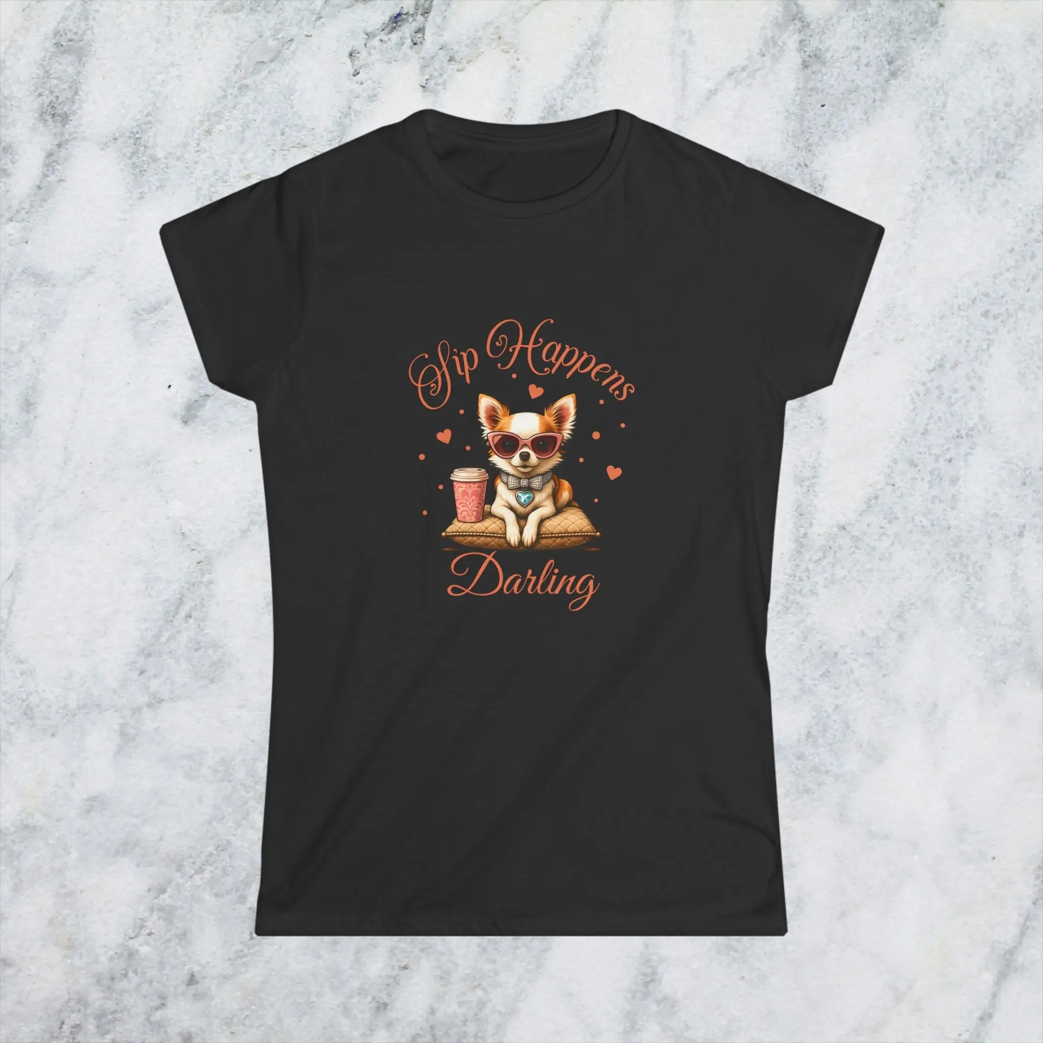 Sip Happens Darling Tee — Cute Chihuahua Coffee Women's T‑Shirt Printify