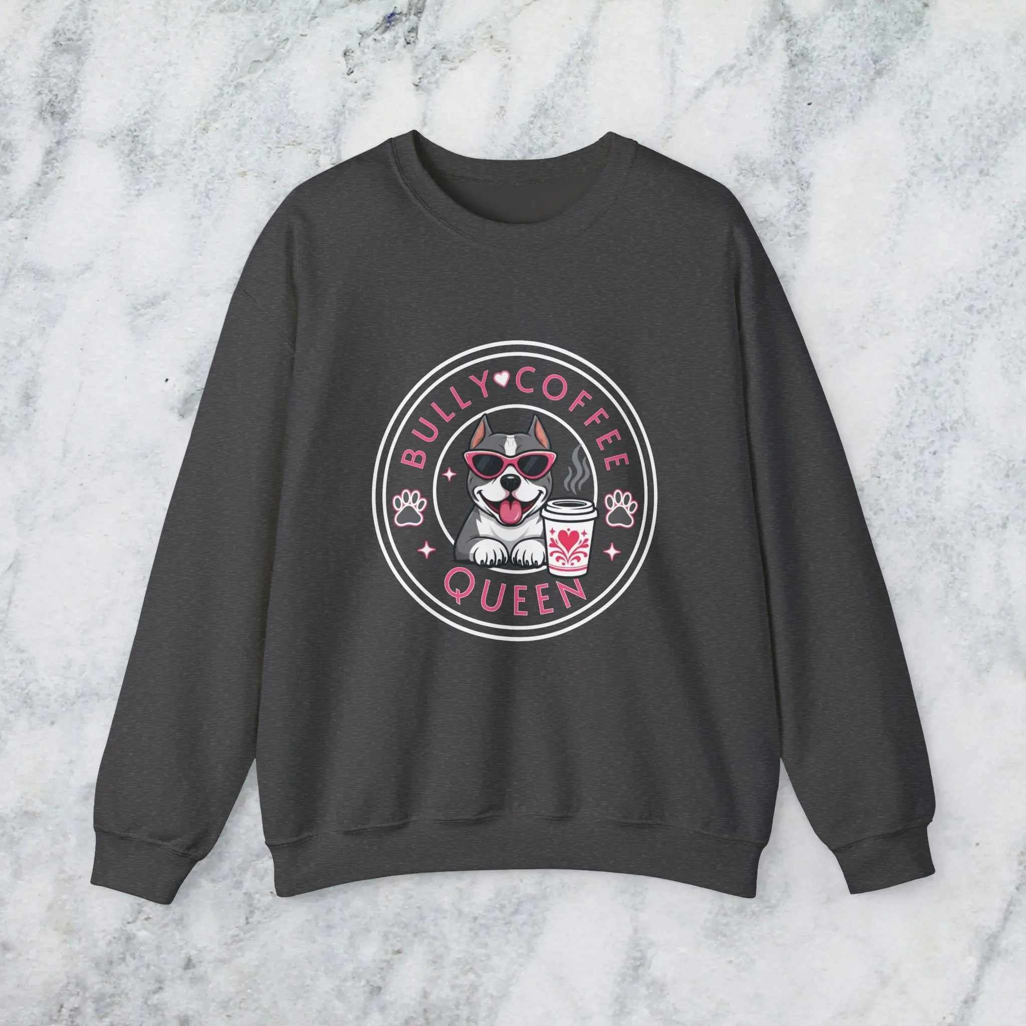 Bully Coffee Queen Sweatshirt — Pitbull with Pink Sunglasses & Coffee Graphic Printify