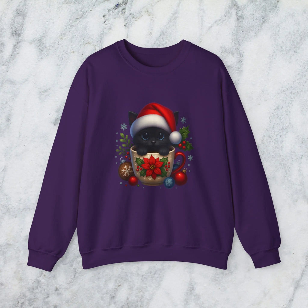 Christmas Kitten Coffee Cup Sweatshirt — Cute Black Cat in Santa Hat Holiday Crewneck Printify