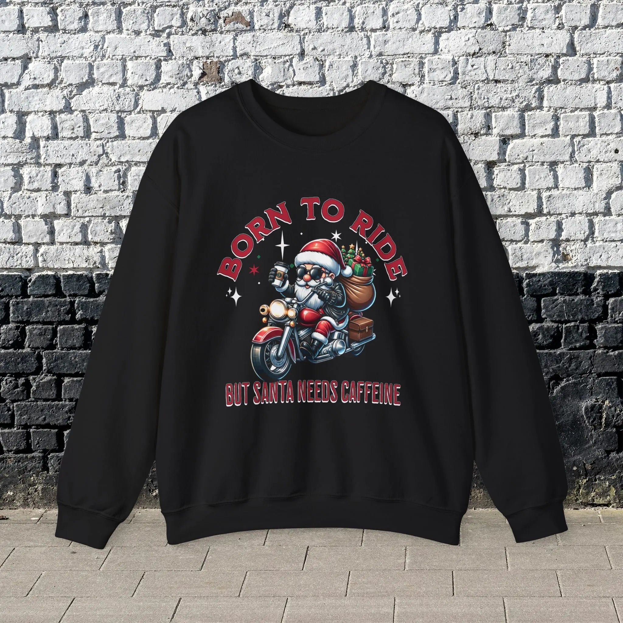 Born to Ride Sweatshirt - Santa on motorcycle holding coffee Christmas Shirt - Boldly Bitter Company