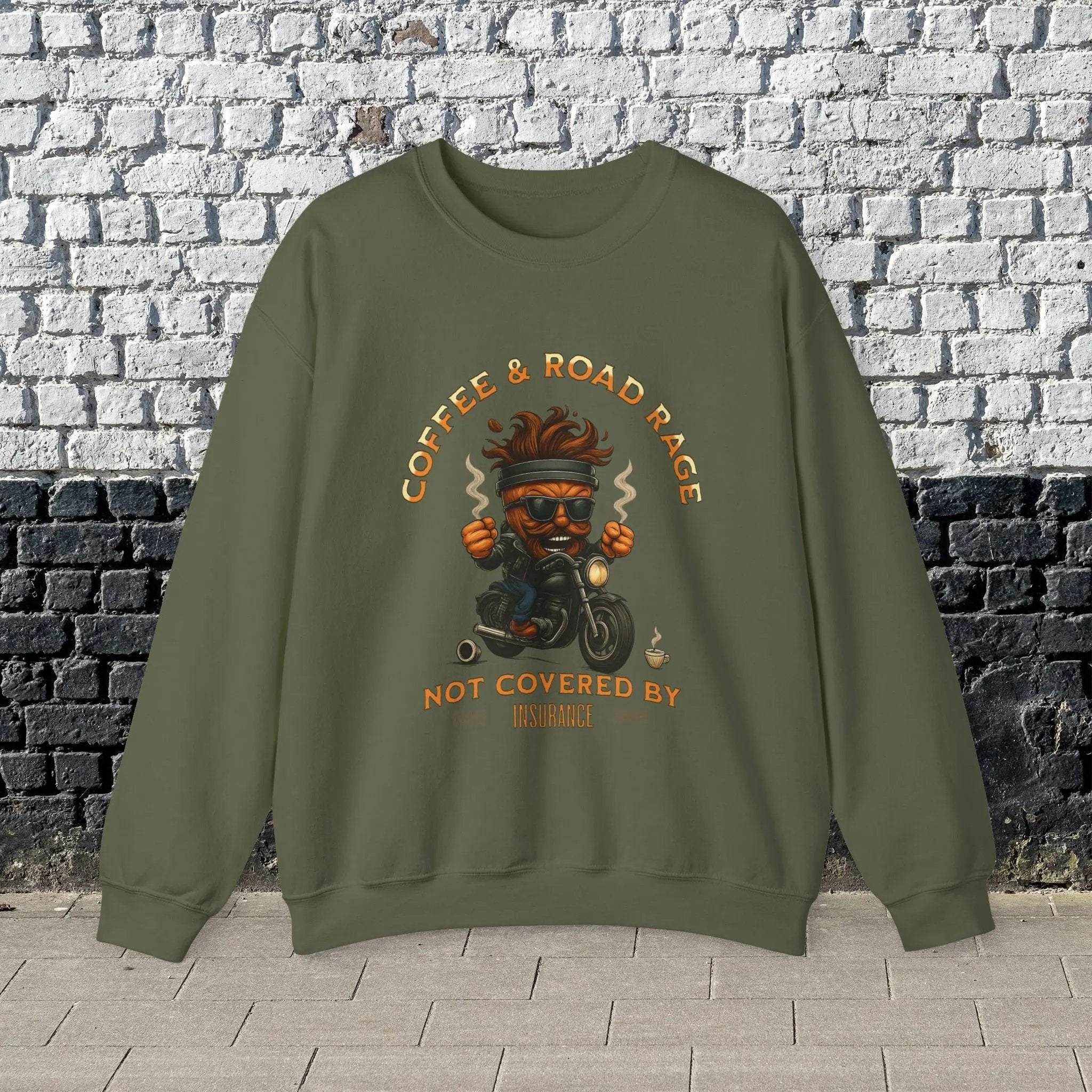 Coffee & Road Rage Sweatshirt - Funny To Go Cup on Motorcycle Coffee Sweatshirt Printify