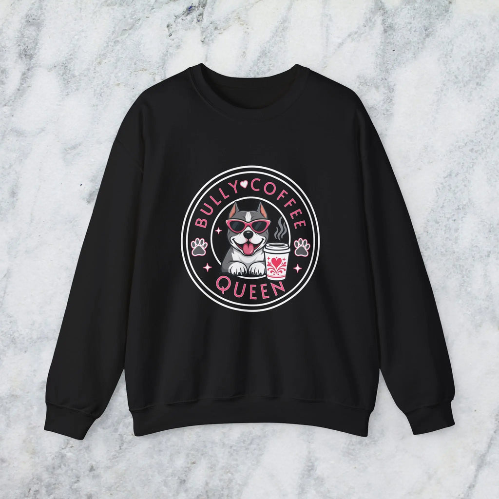 Bully Coffee Queen Sweatshirt — Pitbull with Pink Sunglasses & Coffee Graphic Printify