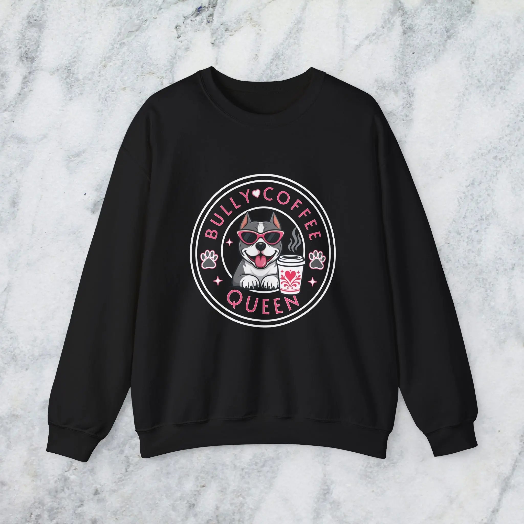 Bully Coffee Queen Sweatshirt — Pitbull with Pink Sunglasses & Coffee Graphic Printify