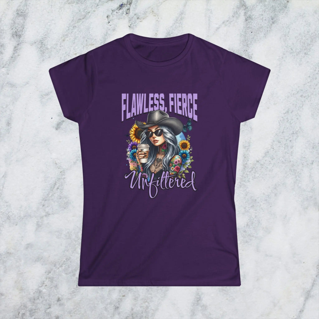 Unfiltered T-shirt - Sassy woman with cowboy hat and coffee surrounded by sunflowers Printify