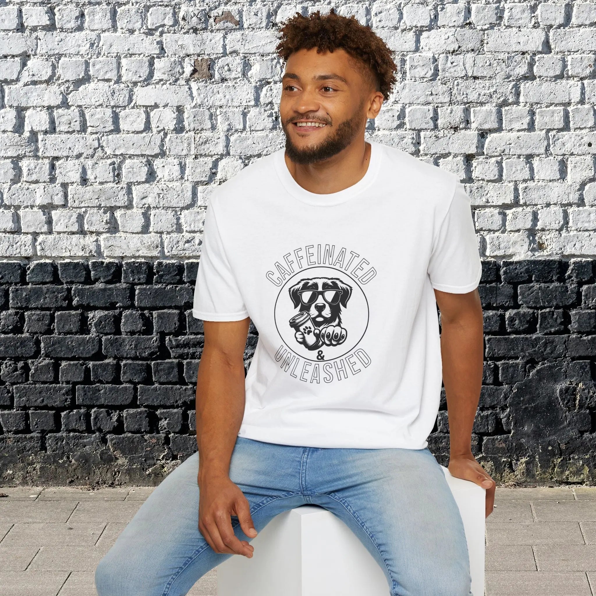 Caffeinated & Unleashed T-Shirt — Funny Coffee Lover Puppy Tee Printify