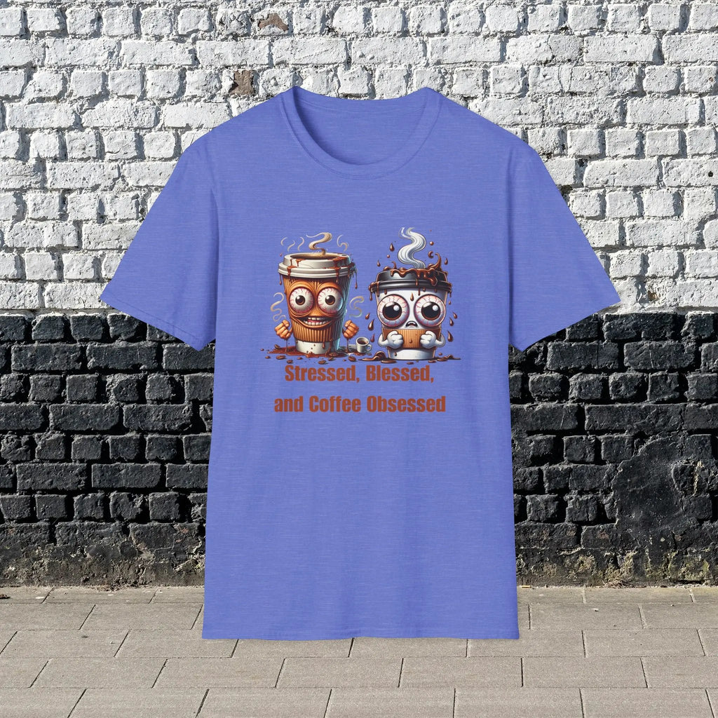 Stressed Blessed and Coffee Obsessed Shirt – Funny Coffee Lover T-Shirt, Caffeine Addict Tee, Cute Coffee Gift for Him Printify