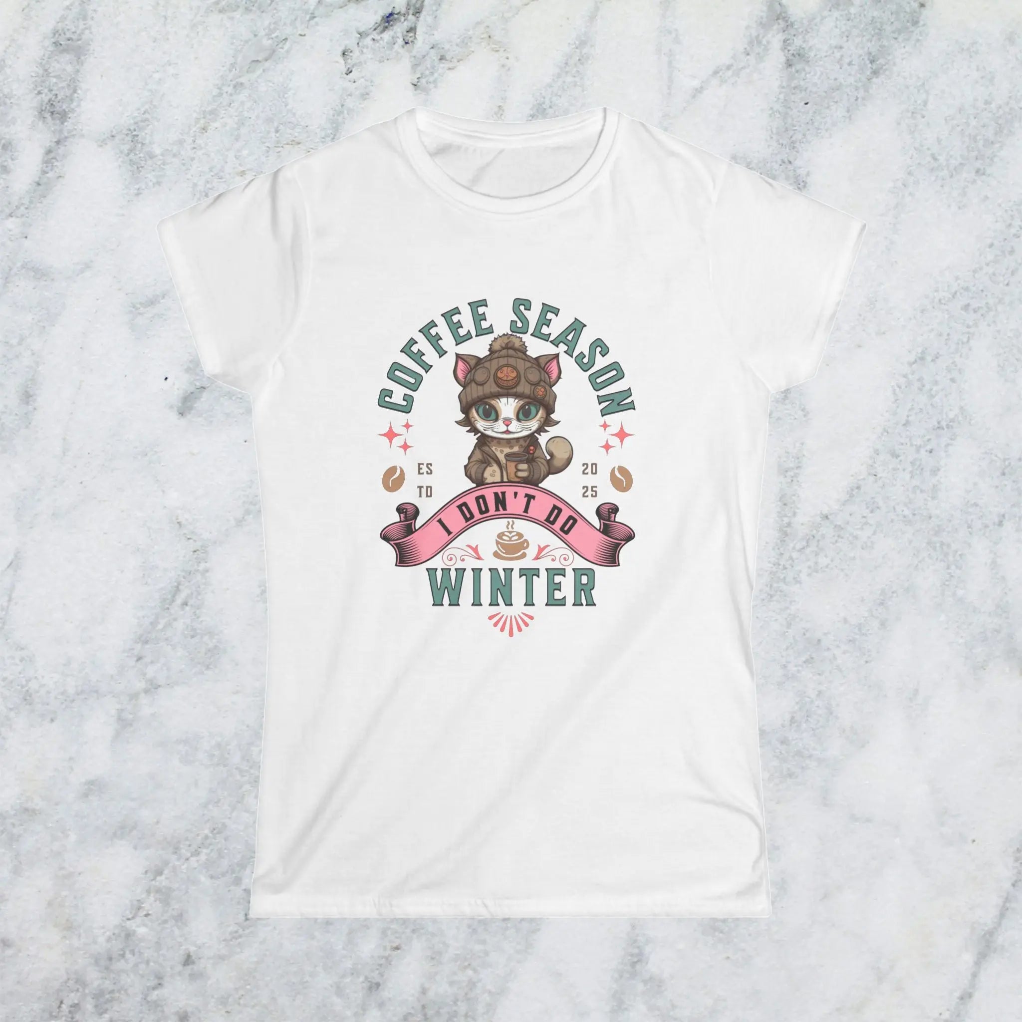 Coffee Season I Don’t Do Winter T-Shirt – Cute Funny Cat Coffee Lover Tee for Women, Cozy Winter Caffeine Gift, Lazy Morning Shirt Printify