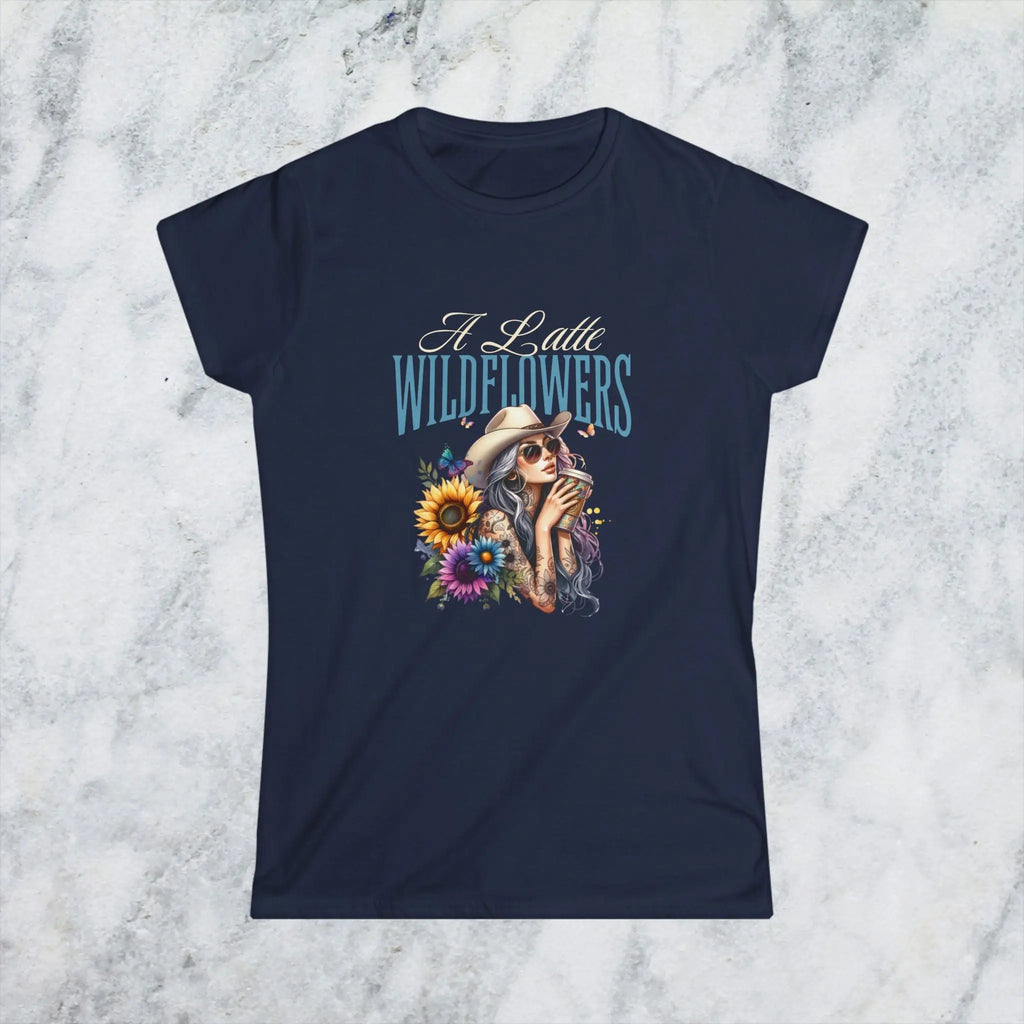 Women's Cowgirl Tee — 'A Latte Wildflowers' Cowboy Hat Coffee Sunflowers Design Printify