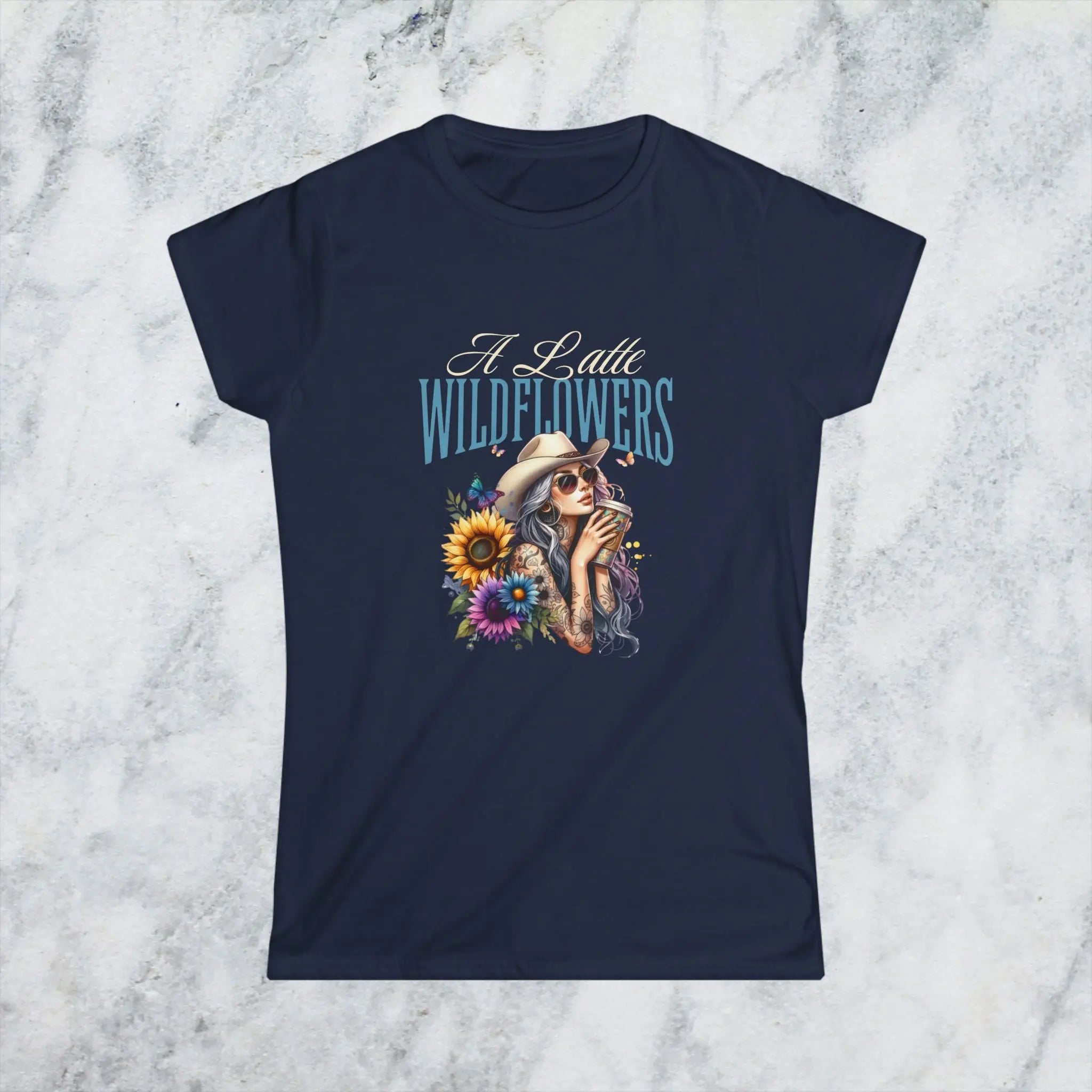 Women's Cowgirl Tee — 'A Latte Wildflowers' Cowboy Hat Coffee Sunflowers Design Printify