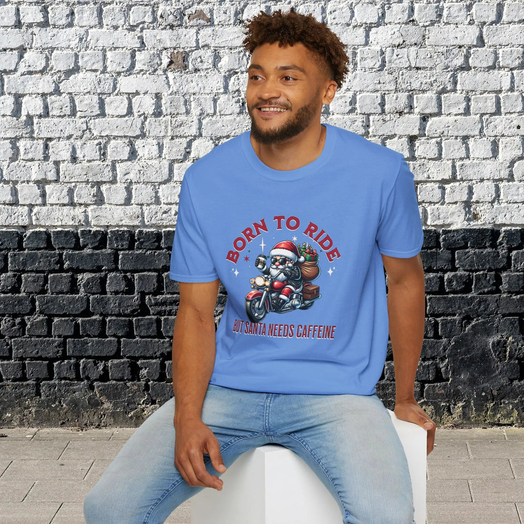 Santa Riding Motorcycle T-Shirt — "Born to Ride but Santa Needs Caffeine" Holiday Tee Printify
