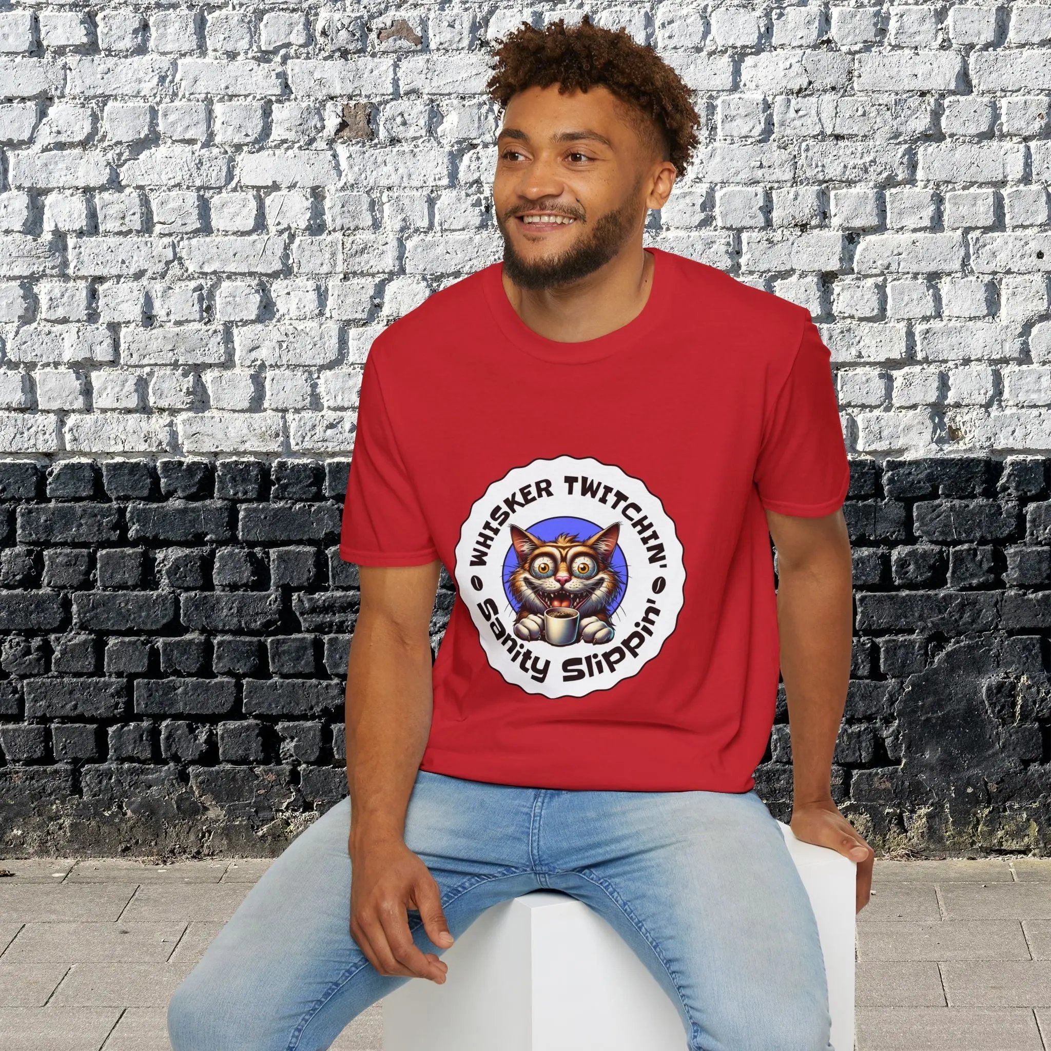 Whisker Twitchin’ Sanity Slippin’ T-Shirt – Funny Crazy Cat Coffee Lover Tee for Men and Women, Caffeine Addict Humor Gift Shirt Printify