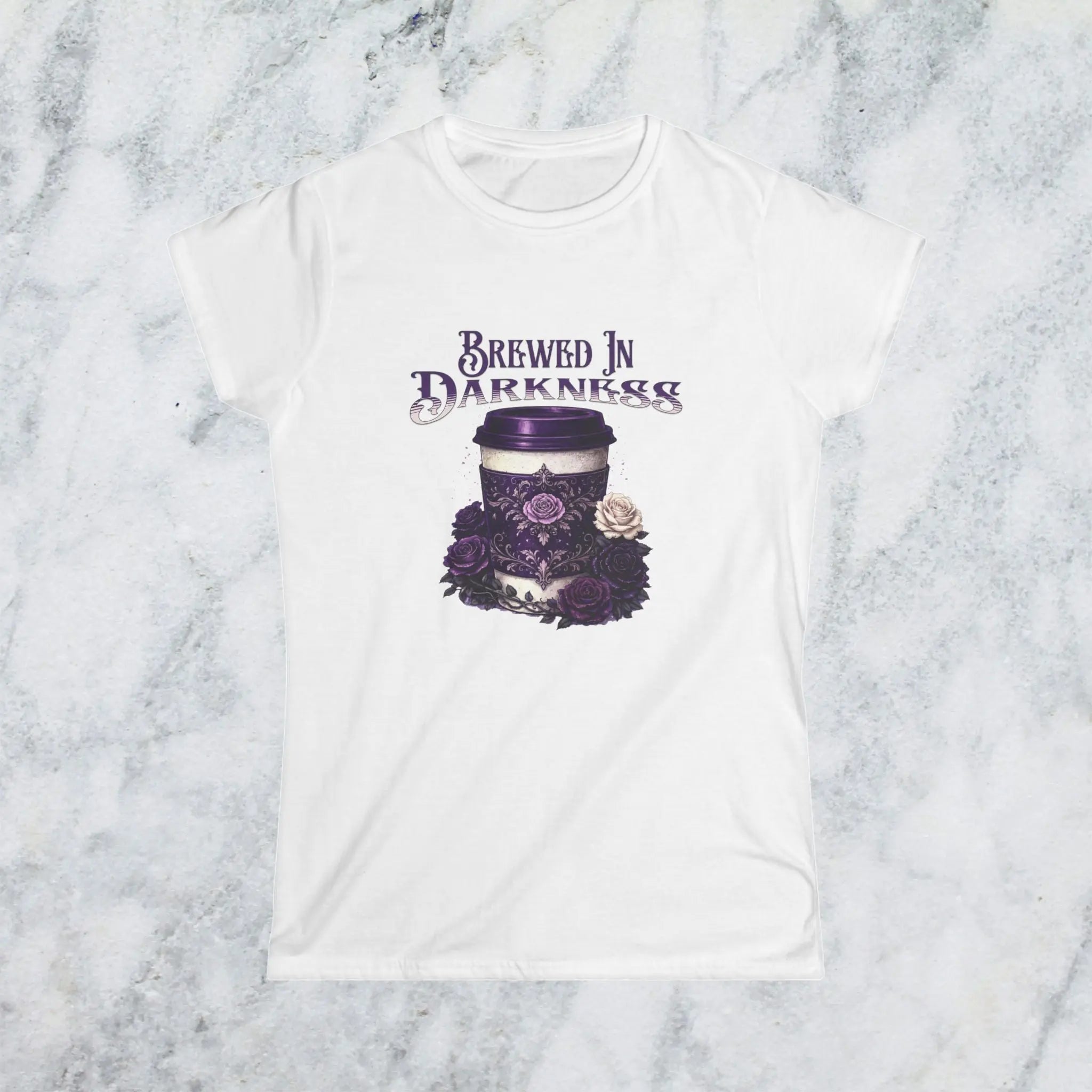 Brewed In Darkness Tee — Gothic Coffee Cup Floral Design Printify