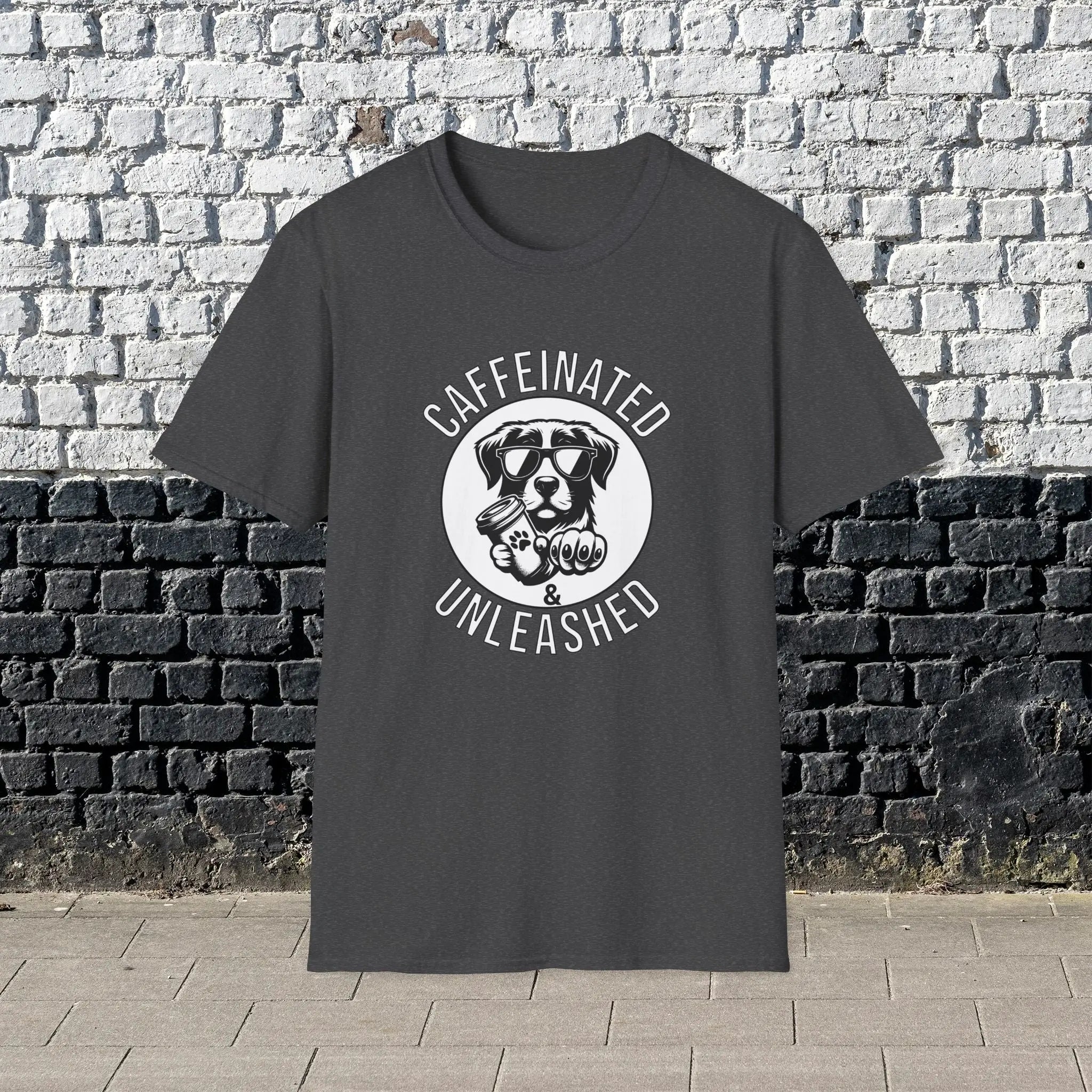 Caffeinated & Unleashed T-Shirt — Funny Coffee Lover Puppy Tee Printify