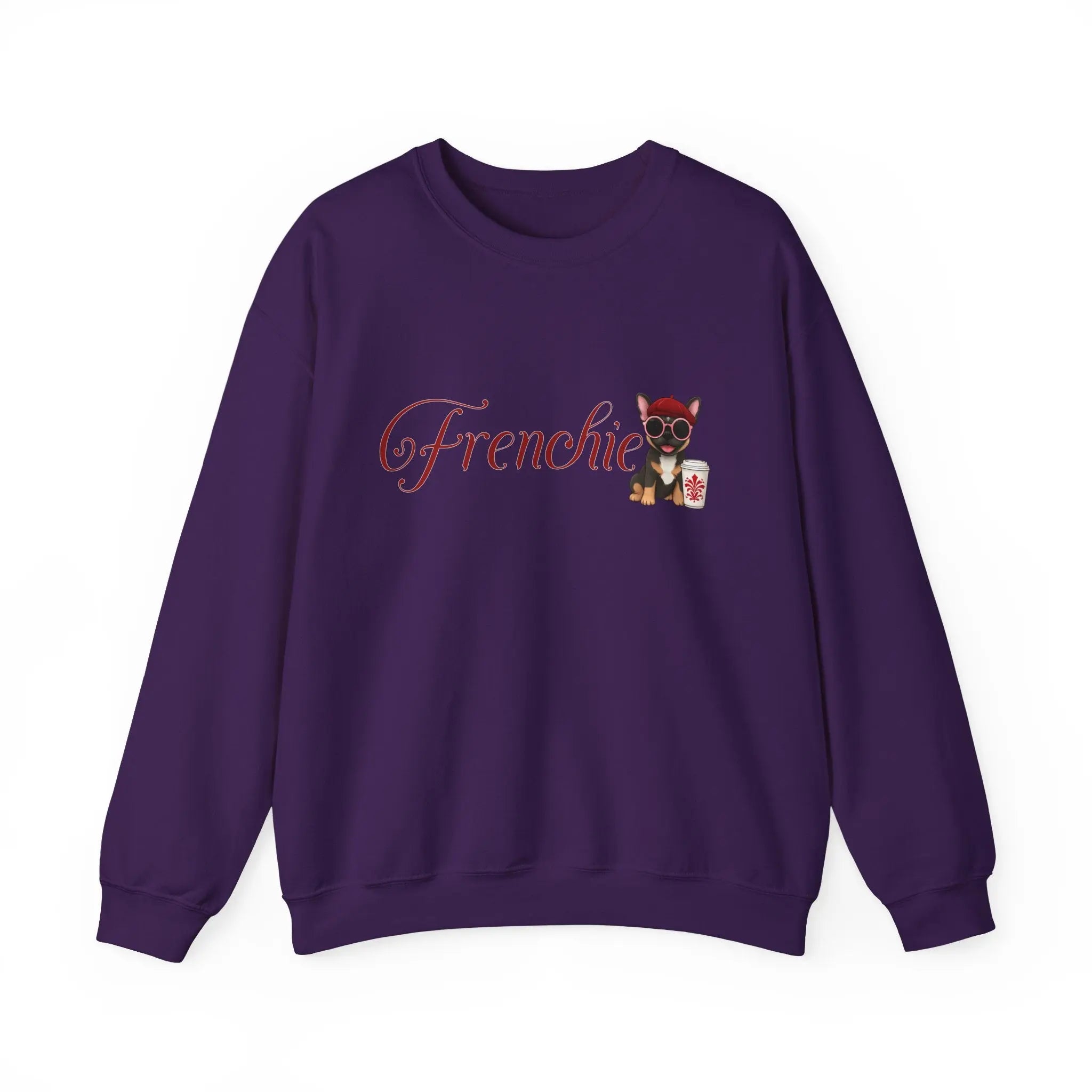 Frenchie Coffee Crewneck — Cute French Bulldog in Beret & Sunglasses Printify