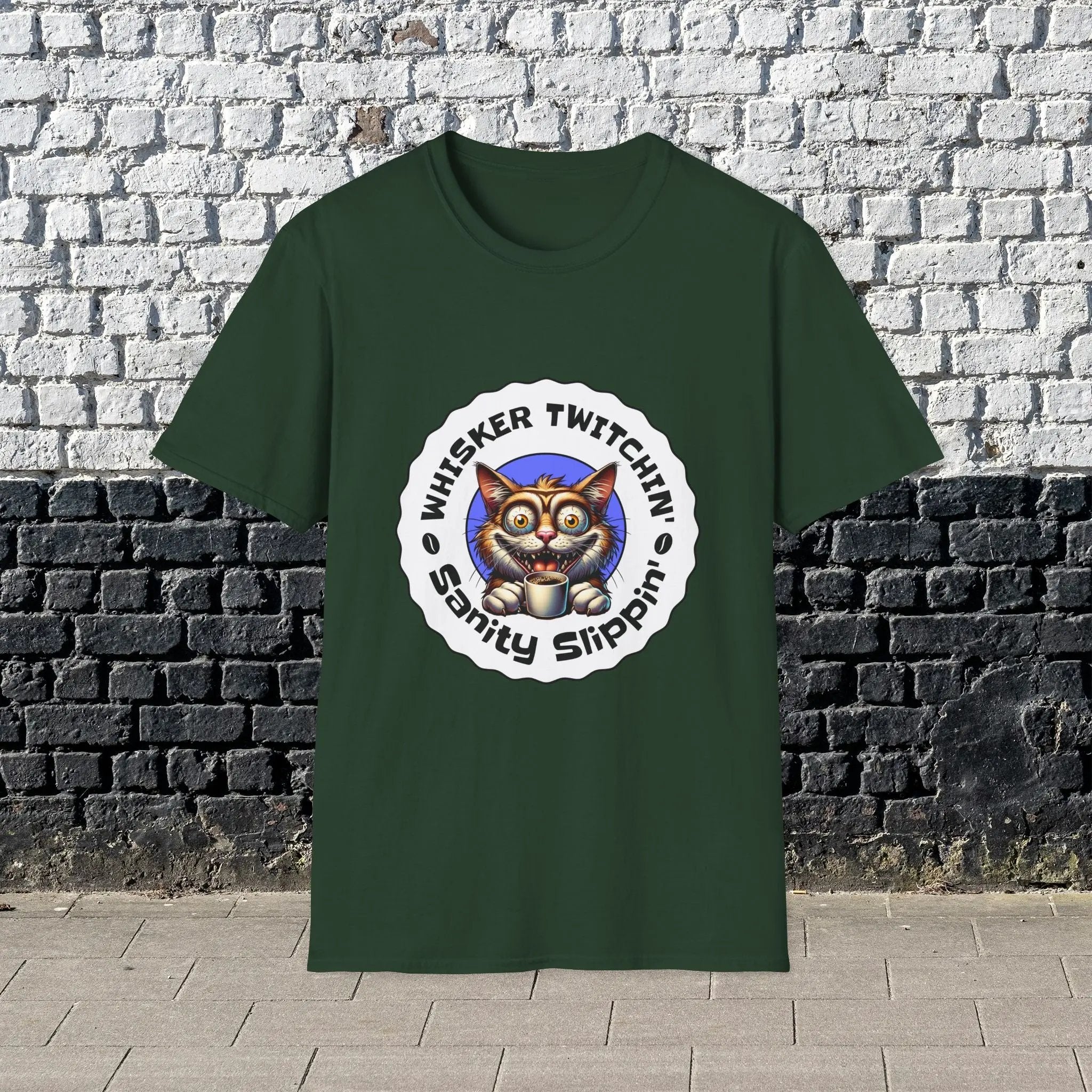 Whisker Twitchin’ Sanity Slippin’ T-Shirt – Funny Crazy Cat Coffee Lover Tee for Men and Women, Caffeine Addict Humor Gift Shirt Printify